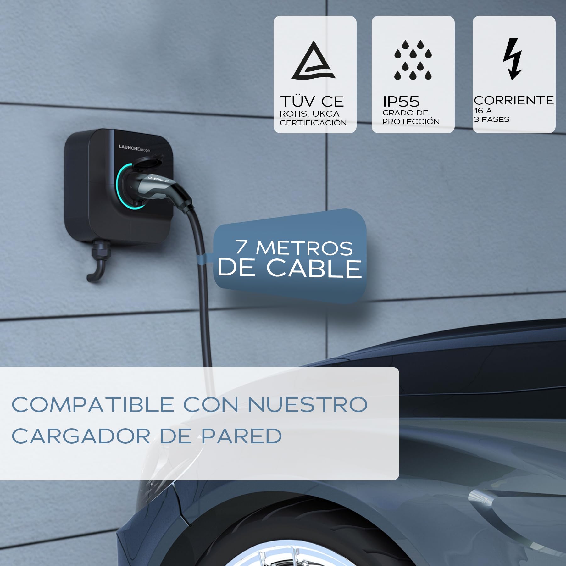 LAUNCH Cable Carga Coche Electrico (16 A, 11 kW, 7 m, Trifásico), EV Cable de Extensión Tipo 2 Compatible con Cargador EV, Estación de Carga, IP55, para Vehículos Eléctricos (EV/PHEV)