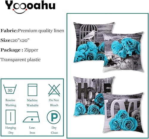 Miniatura 5 de Juego de 4 fundas de almohada turquesa de 20 x 20 pulgadas, color verde azulado, gris aguamarina, funda de almohada rosa para sofá, sofá, floral,