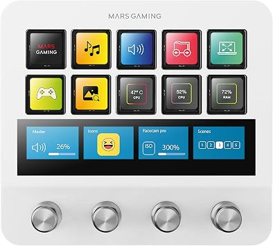 Mars Gaming MSD-PRO, Control Deck, 10 Customizable LCD Keys and 4 Dials, Extended Animated Touchscreen, Adjustable Base, Control Software, USB Hub with 2x USB 3.0 + 1x USB-C, White