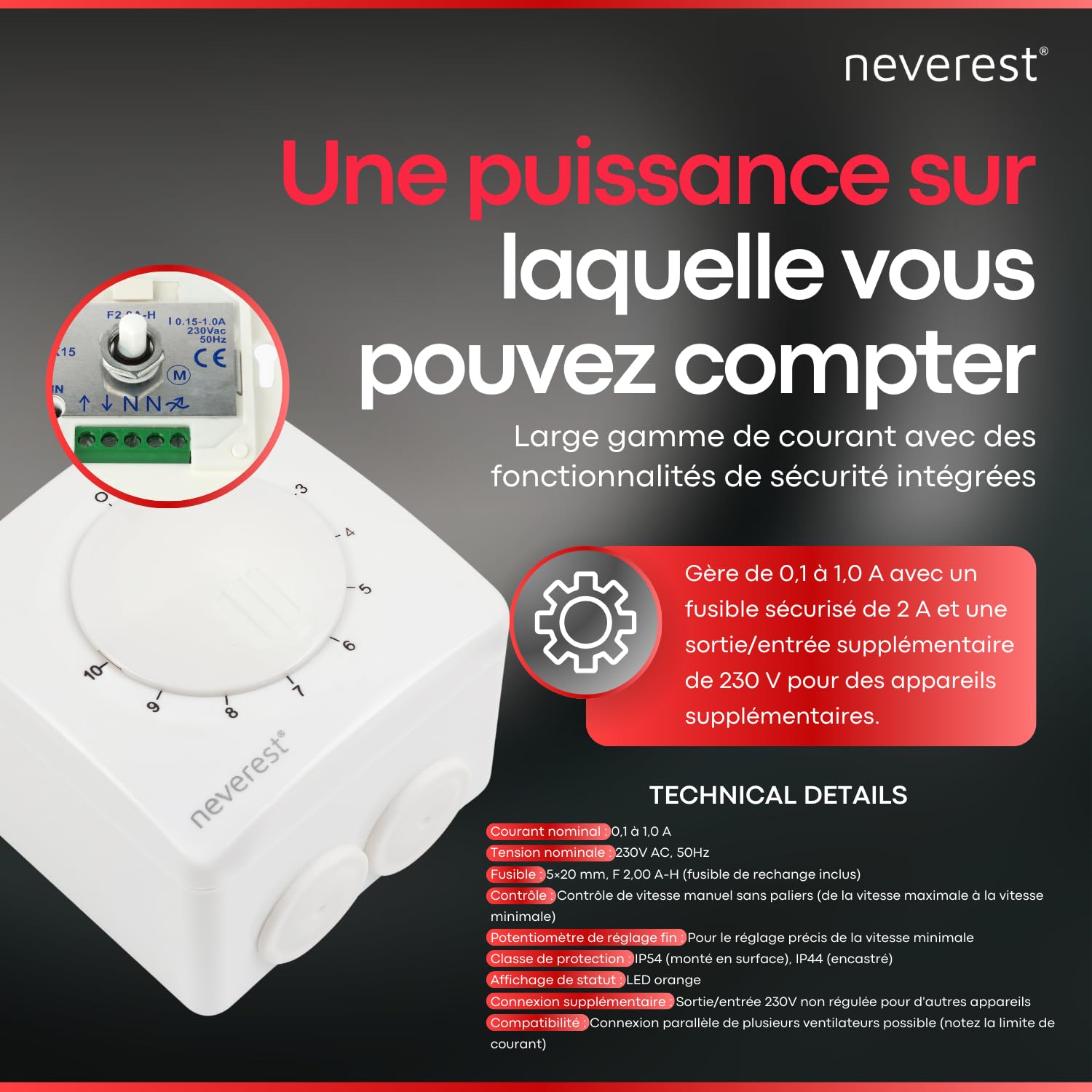 neverest® Dimmer 1.5 A - Régulateur de vitesse pour ventilateurs, pompes
