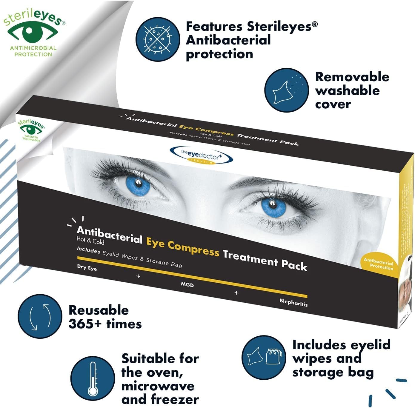 The Eye Doctor Premium Treatment Bundle - Reusable Hot Cold Eye Compress & 20x Single Use Tea Tree Eyelid Wipes for Dry Eye, Blepharitis & MGD - Microwave Safe Mask - Image 2