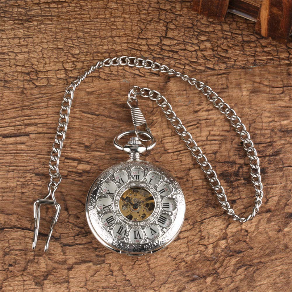 Pocket Watch Hohle Blumen Mechanische Tasche Watch Hand-Wind Retro Exquisite Ziffern FOB Pocket Uhren Reloj de Bolsilllo mit Kette, Silber