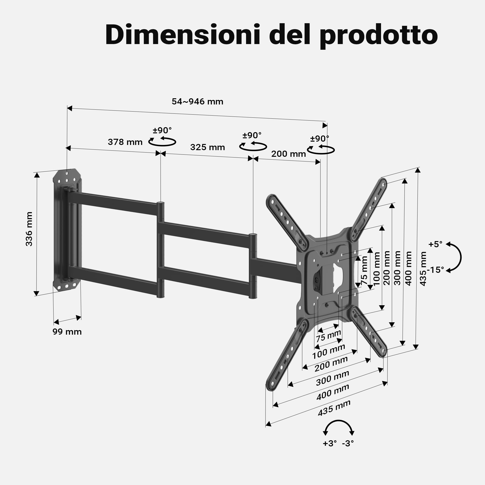 Wiltec Supporto TV 23“-65”, staffa porta TV a muro orientabile con portata fino a 35 kg, braccio porta schermo salvaspazio