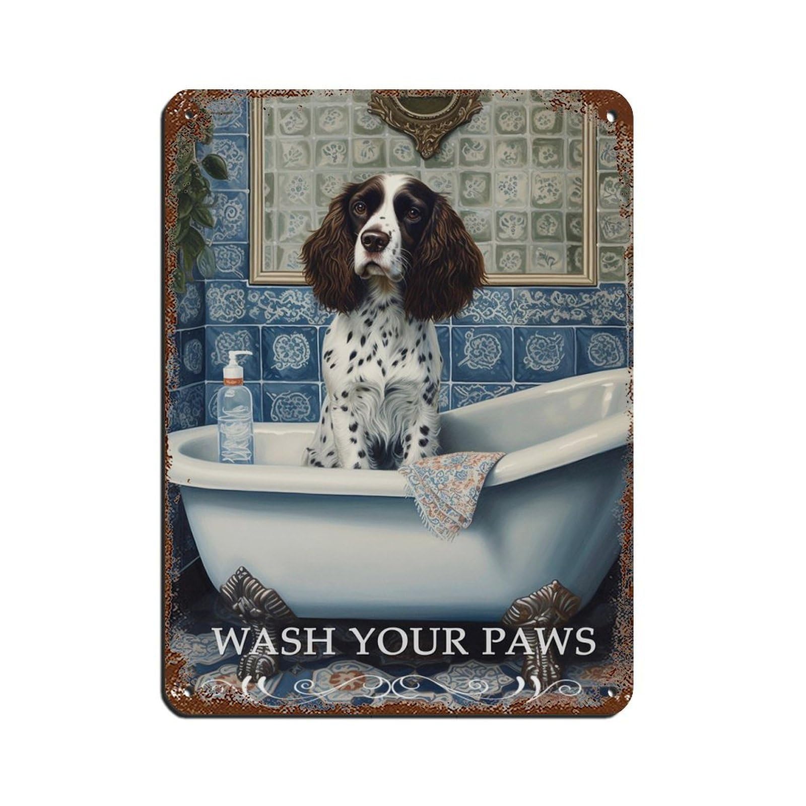 Springer Spaniel in Bath Fun Bathroom Art Retro Poster Metal Tin Sign Chic Art Retro Iron Painting Bar People Cave Cafe Family Garage Poster Wall Decoration 12x16inch(30x40cm)