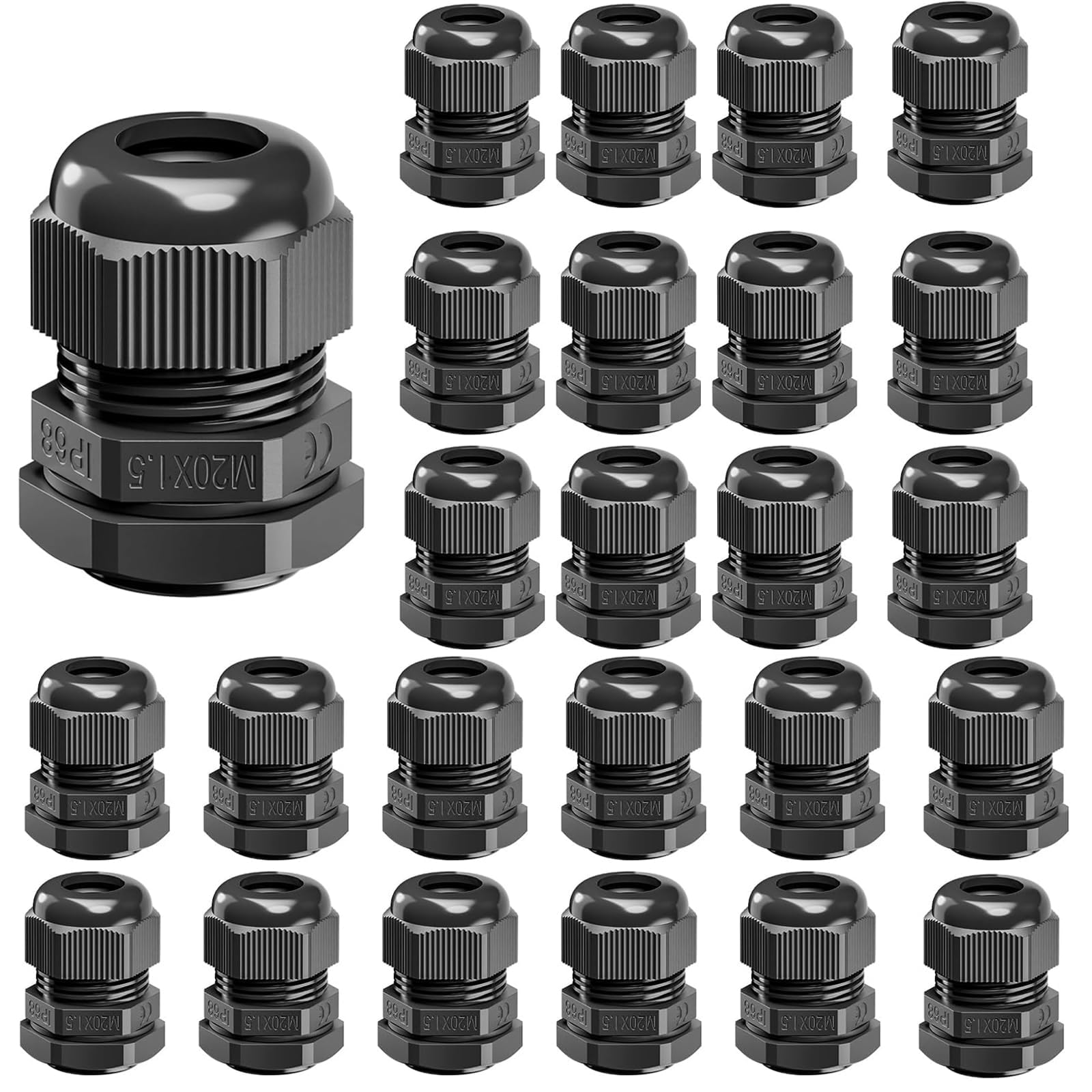 15 Pcs M20 Adjustable Cable Glands,20mm IP68 Waterproof Adjustable Nylon Cable Grommet Strain Relief Wire Connectors for Outdoor Electrical Wiring(Black)