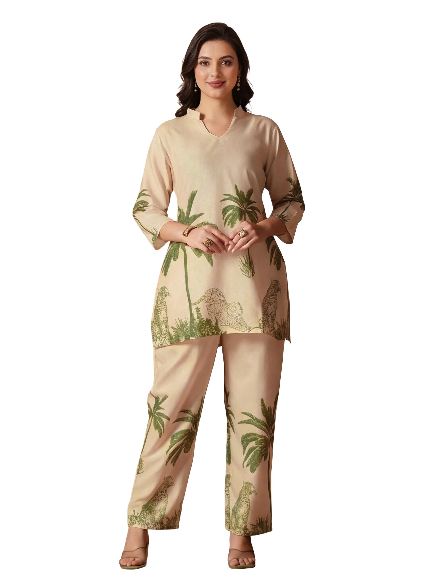Off White Floral Printed Kurta Pant Set for Women-image-1