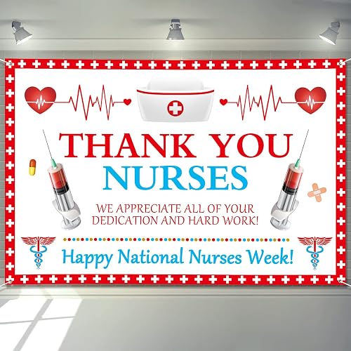Nurse Appreciation Week Decorations Banner 72" x 48" Backdrop Thank You Nurses Medical Happy National Nurses Week Photography Background for Indoor Outdoor Hospital Doctor Nurse Party Supplies