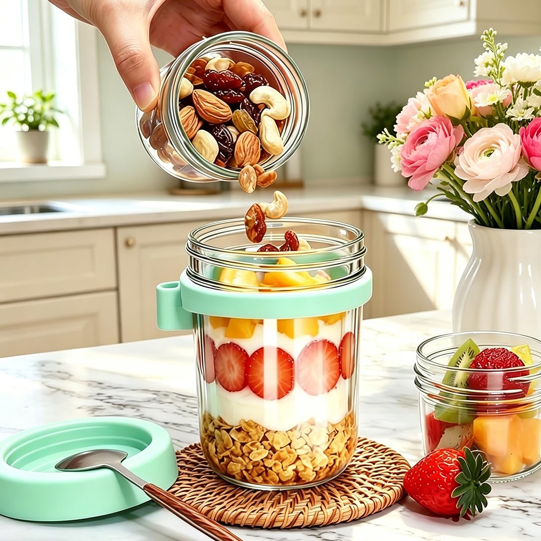 Overnight Oats - Set di 4 bicchieri per cereali, 480 ml + 120 ml, con coperchio, per yogurt e separazione del naso, per cereali, yogurt, insalata, colazione, lavoro, scuola, picnic, set da 4