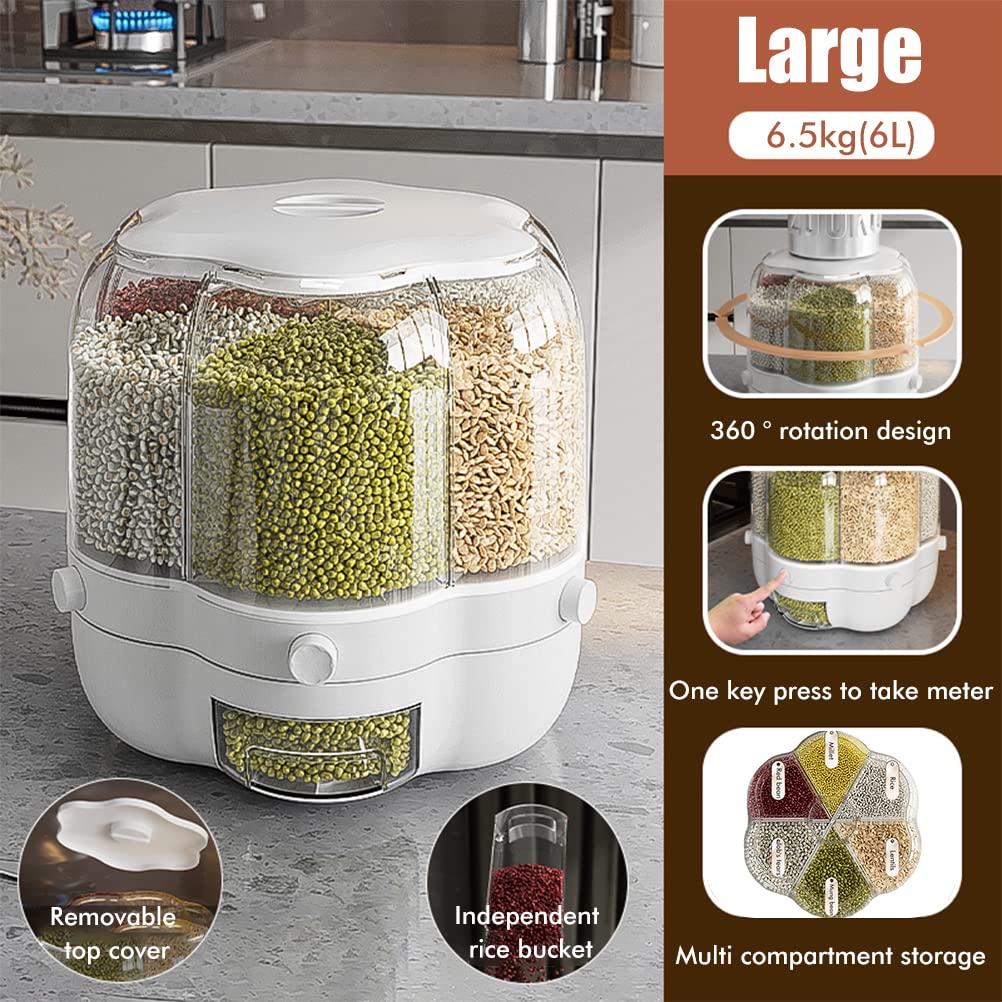 Dispensador de alimentos, Contenedor de almacenamiento de granos de alimentos, Dispensador de arroz giratorio de 6 rejillas de gran capacidad de 6.5L, Caja de almacenamiento de alimentos