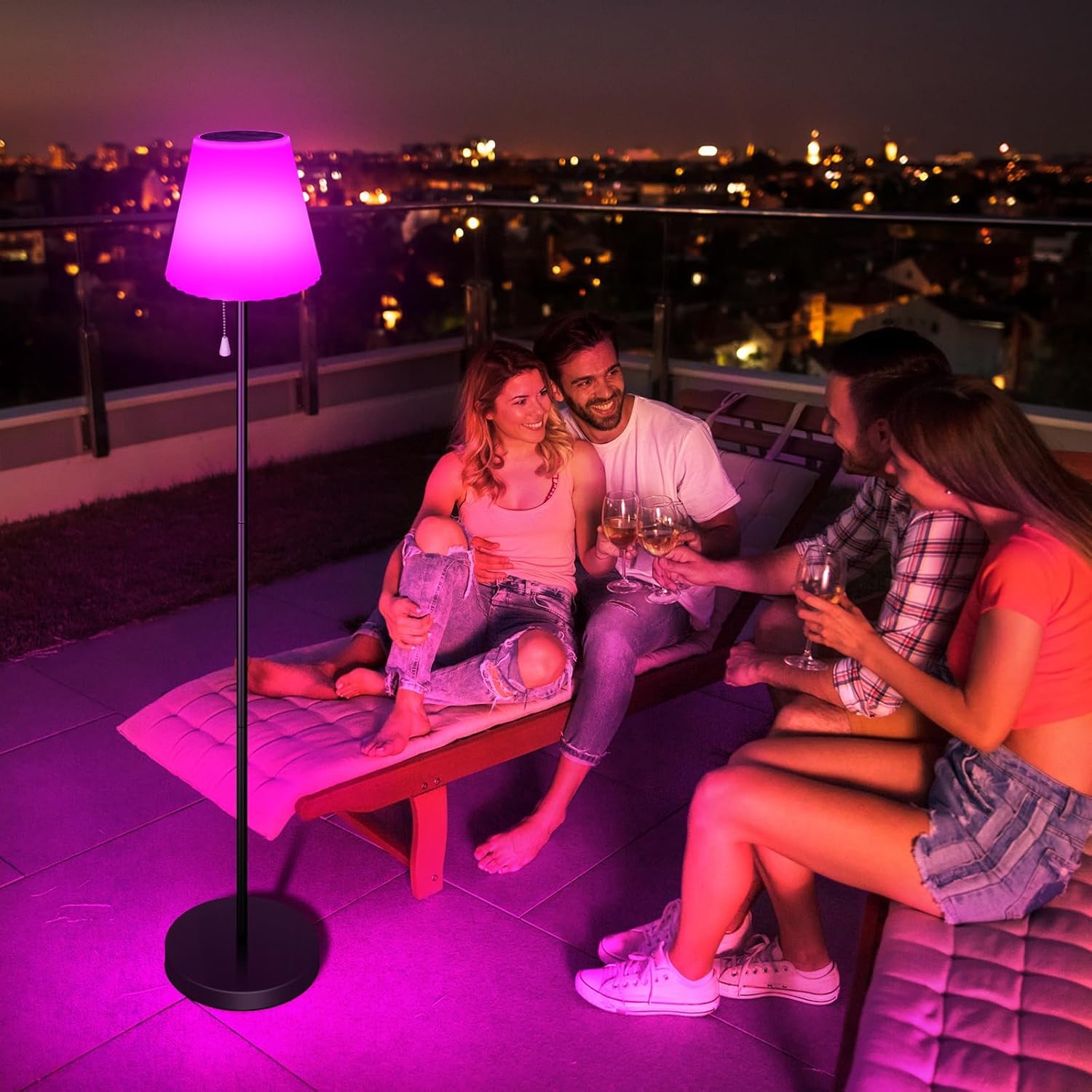 Lámpara de pie solar para exterior con sensor de luz, IP65 resistente al agua, USB recargable, brillo regulable en blanco cálido y RGB, lámpara de pie inalámbrica apto para uso en interiores