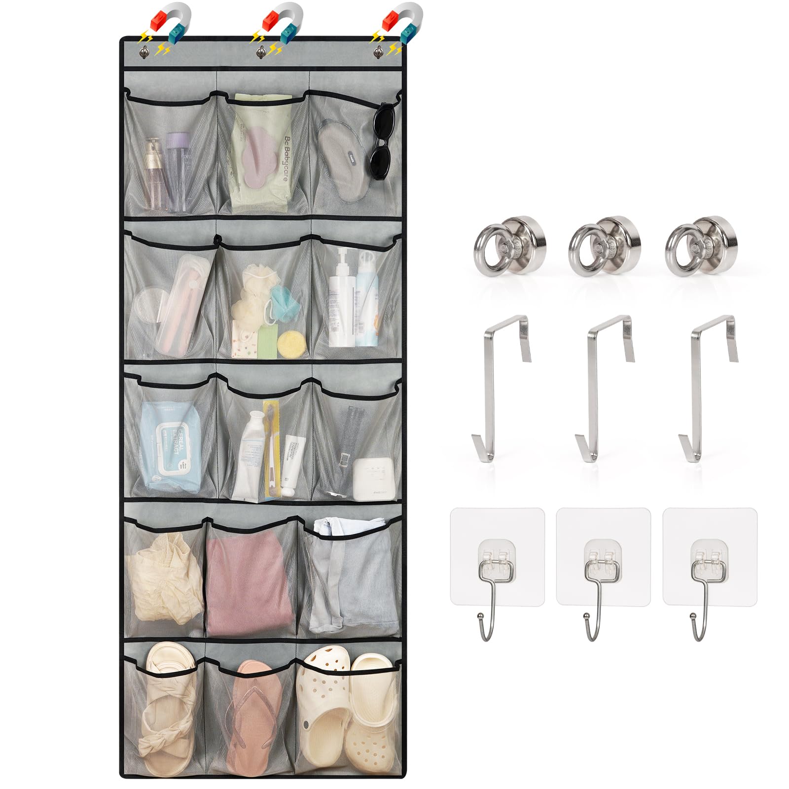 Olpchee Grey Over The Door Cruise Ship Organizer - Cruise Ship Magnetic Door Organizer With 15 Size-Graded Pockets, Hanging Magnetic Cruise Storage Shoe Rack For Cabin, 2025 Cruise Essential, 9 Hooks(Grey)