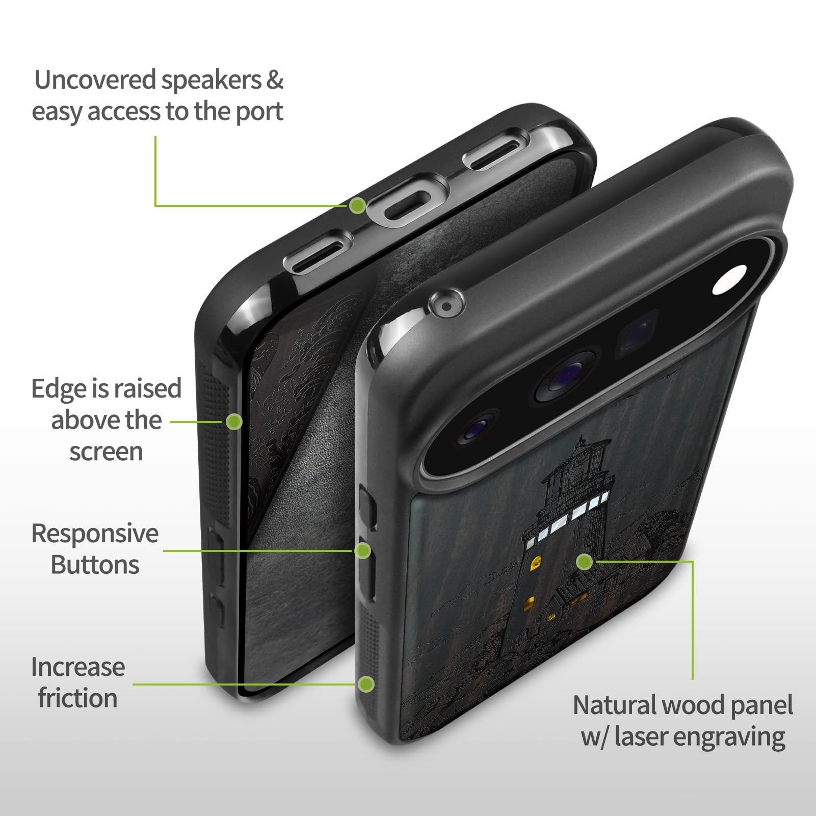 Carveit Madera Funda para Pixel 11 Pro (Oscura-El Faro) | Compatible con MagSafe [Grabado en madera e incrustación de mejillones] Magnética Cover para Google Pixel 11 Pro Carcasa