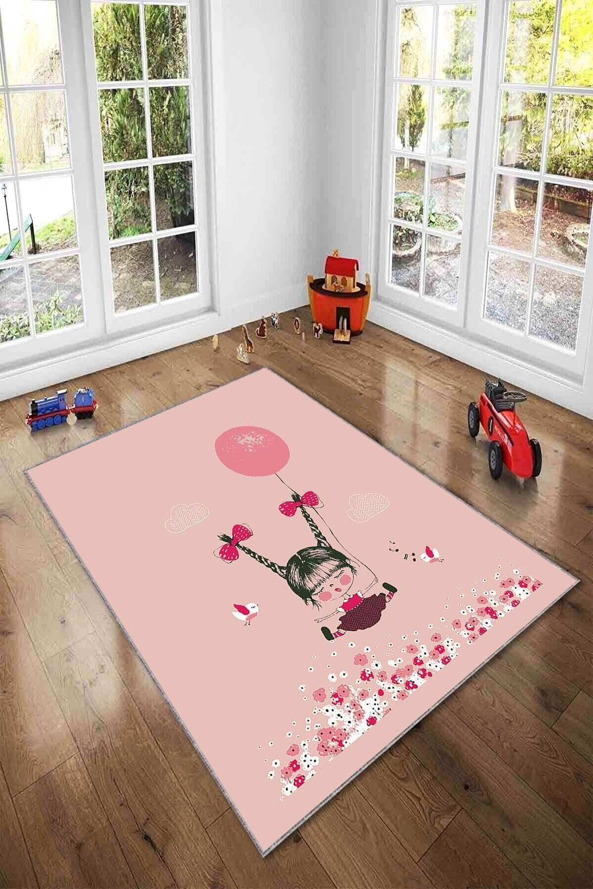 Pelangi Balonla Uçan Kız Dijital Baskılı Yıkanabilir Kaymaz Taban Kız Çocuk Halısı, Pembe-Fuşya 100 x 400