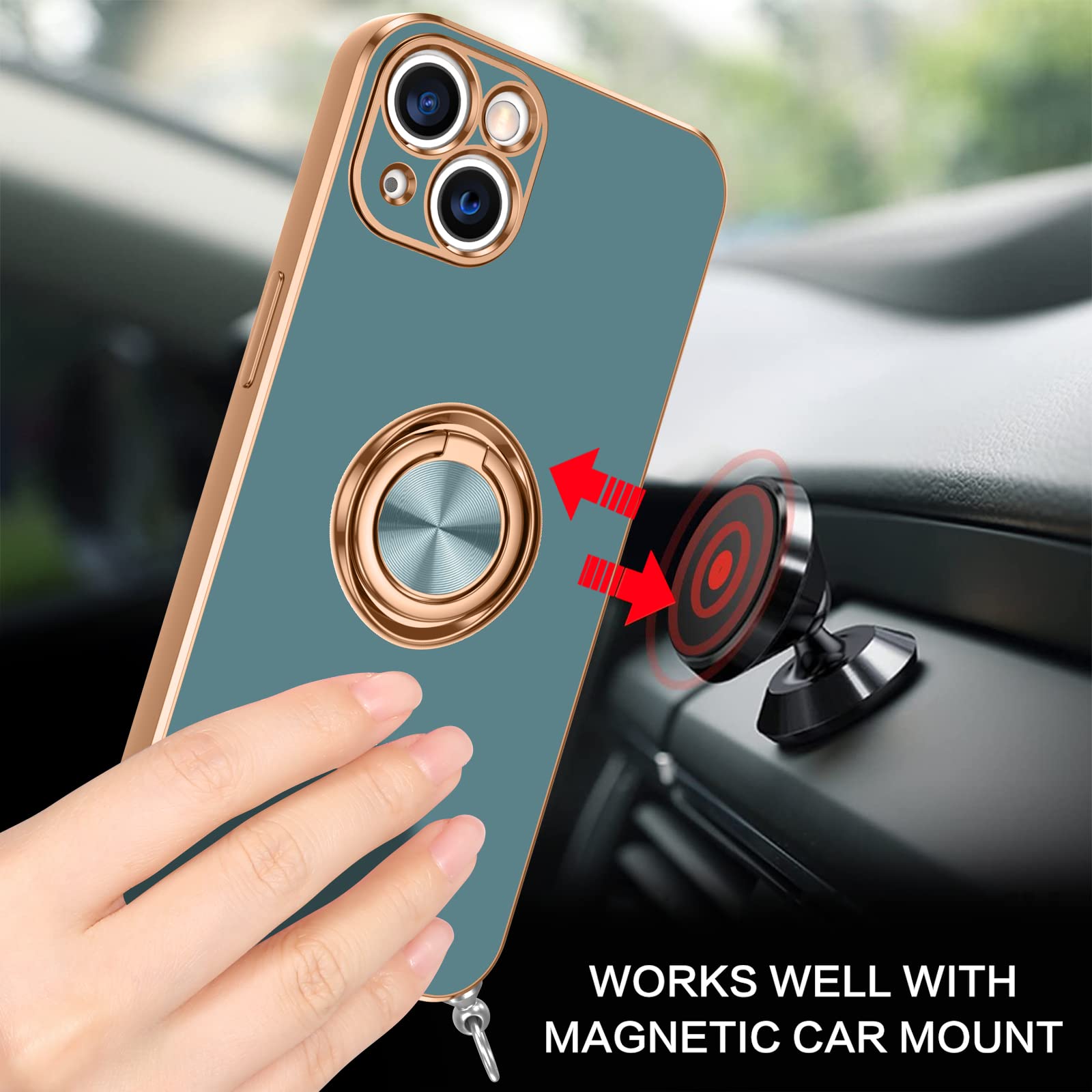 DOMAVER Cover per iPhone 13 6.1, [cordino e anello] con 360 rotante, custodia per telefono per iPhone 13 sottile morbida, custodia con collana corda per iPhone 13 antiurto, blu grigio