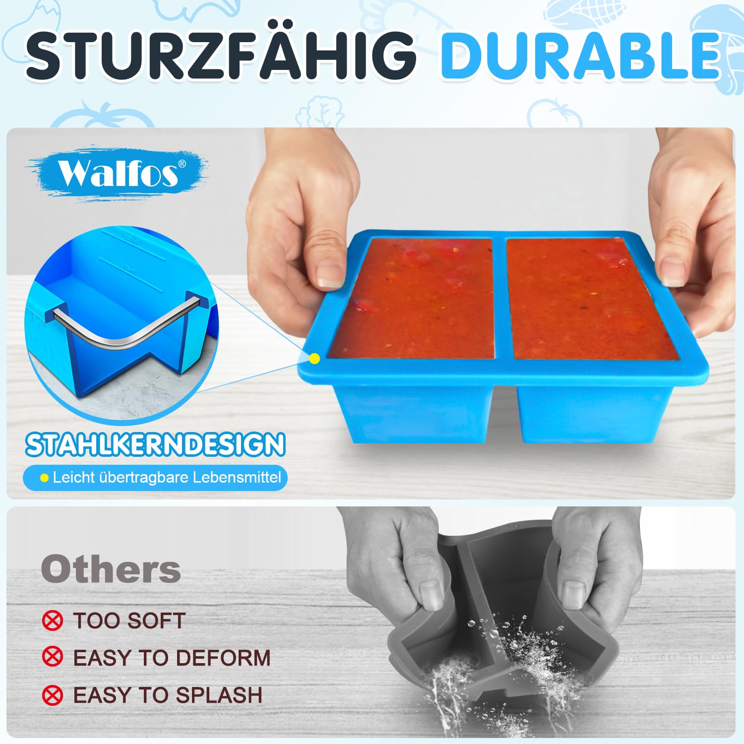 QUELIEN Blauw siliconen vriesplateau met deksel, 1 kop, enkele portie, vierkante vorm voor soep, saus, bouillon en babypap, compacte, stapelbare BPA-vrije siliconen container (verpakking van 2