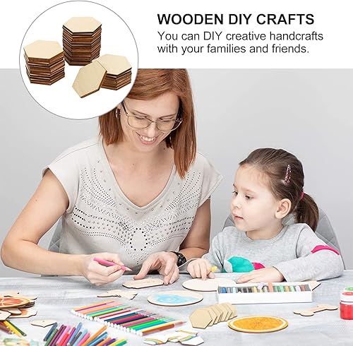 Miniatura 4 de EXCEART 50 piezas de madera hexagonales de 1.575 in con forma de madera hexagonal sin terminar, formas recortadas para manualidades, adornos para