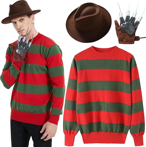 eforpretty Disfraz de Halloween para hombre, suéter de punto con sombrero marrón y guante de cuero