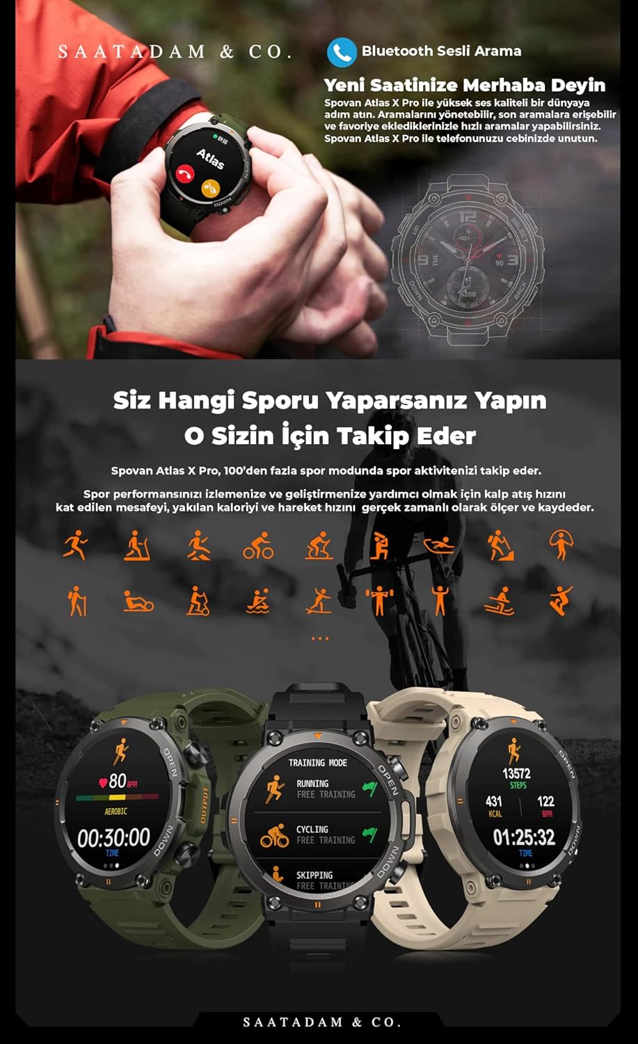 Lifestyle image showing Spovan AtlasX Pro Smartwatch features like Bluetooth calling and various sport tracking modes
