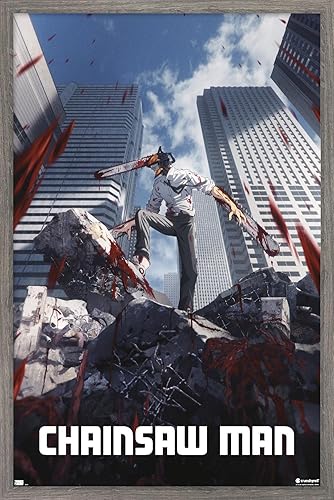 Trends International Chainsaw Man - Póster de pared de arte clave, 34 pulgadas de largo x 22.4 W, versión enmarcada en madera de granero