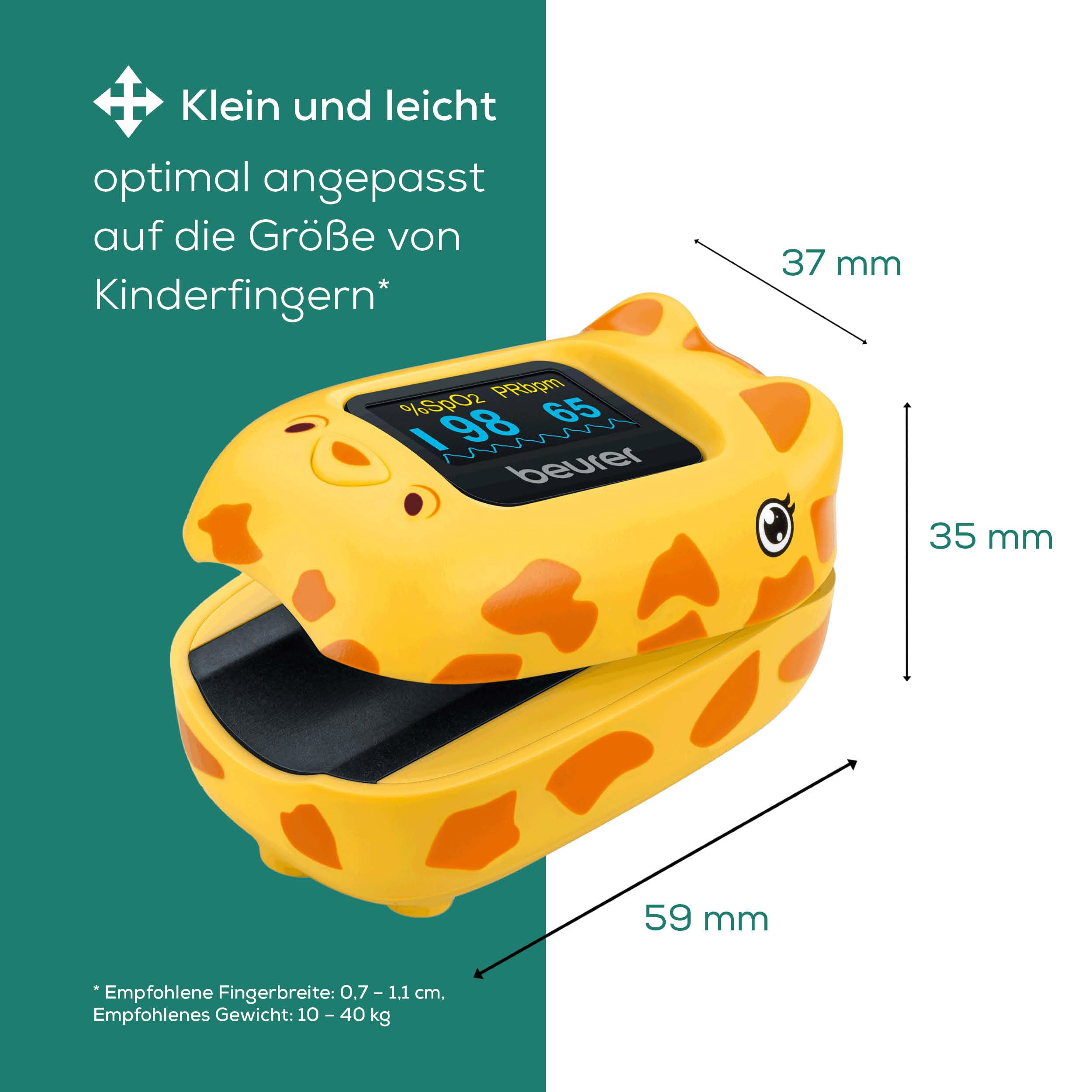 Beurer PO 13 Kids, Finger-Pulsoximeter für Kinder, sekundenschnelle Messung des Pulses und der Sauerstoffsättigung, kleines Format, automatische Display-Ausrichtung, mit Gürteltasche
