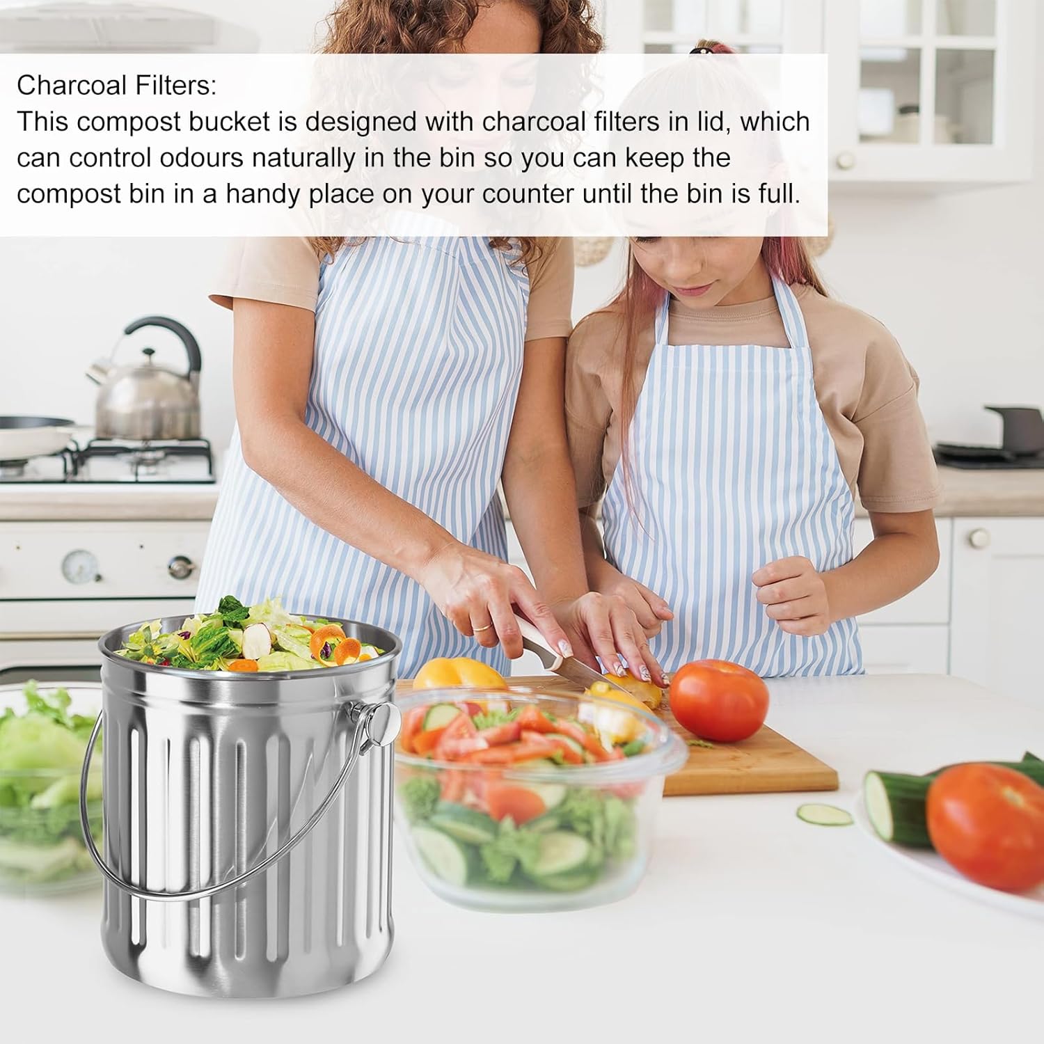 Compost Bin Kitchen Indoor Countertop Compost Bin with Lid and Charcoal Filters Stainless Steel Rust Proof Compost Bucket Kitchen Composter for Food Scraps Waste Recycling