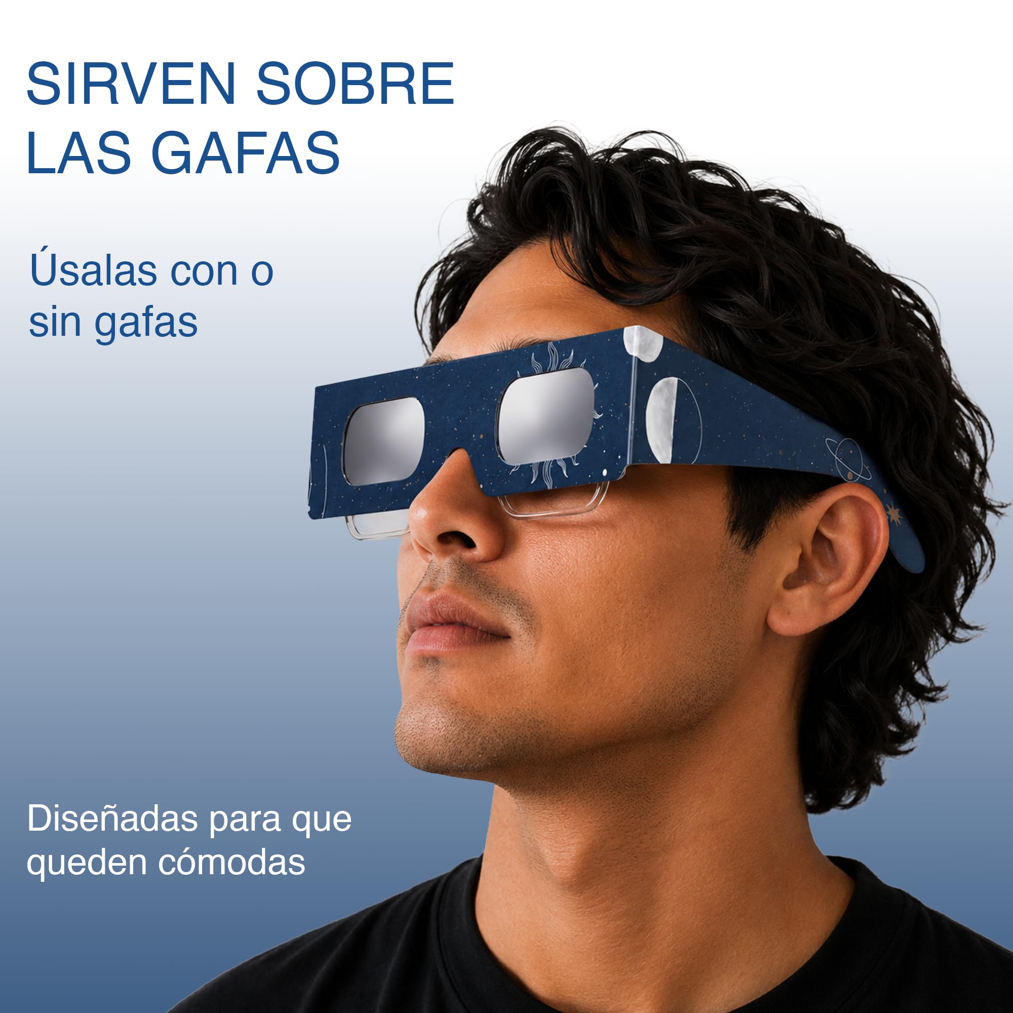 Pack 2/6/12/50, Gafas para eclipse solar, montura 45 mm, se usan sobre la mayoría de gafas de vista, probadas EN ISO 12312-2:2015, marcado CE para observación solar segura – Astro
