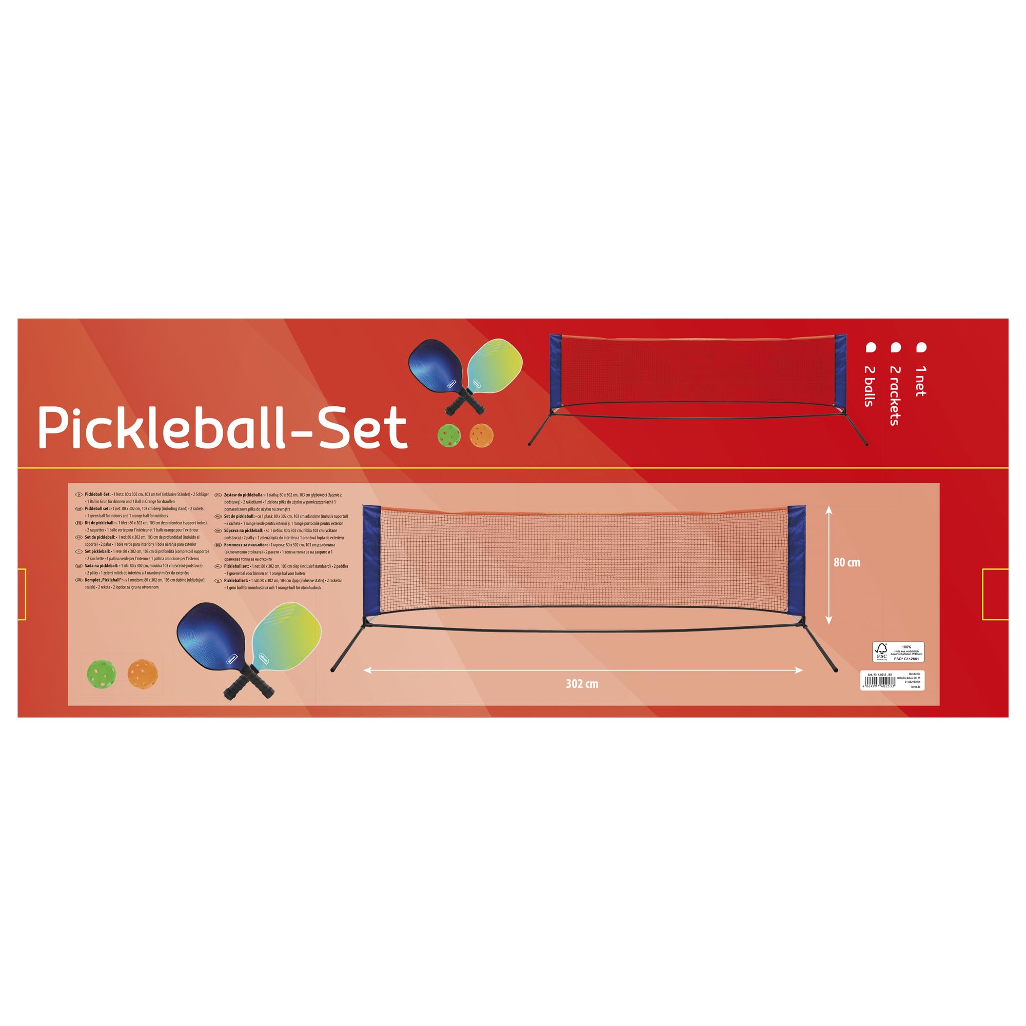 Idena 40253 - Set da Pickleball con 2 Racchette, Rete con Supporto (302 X 80 Cm), Palla da Internoe Palla da Esterno