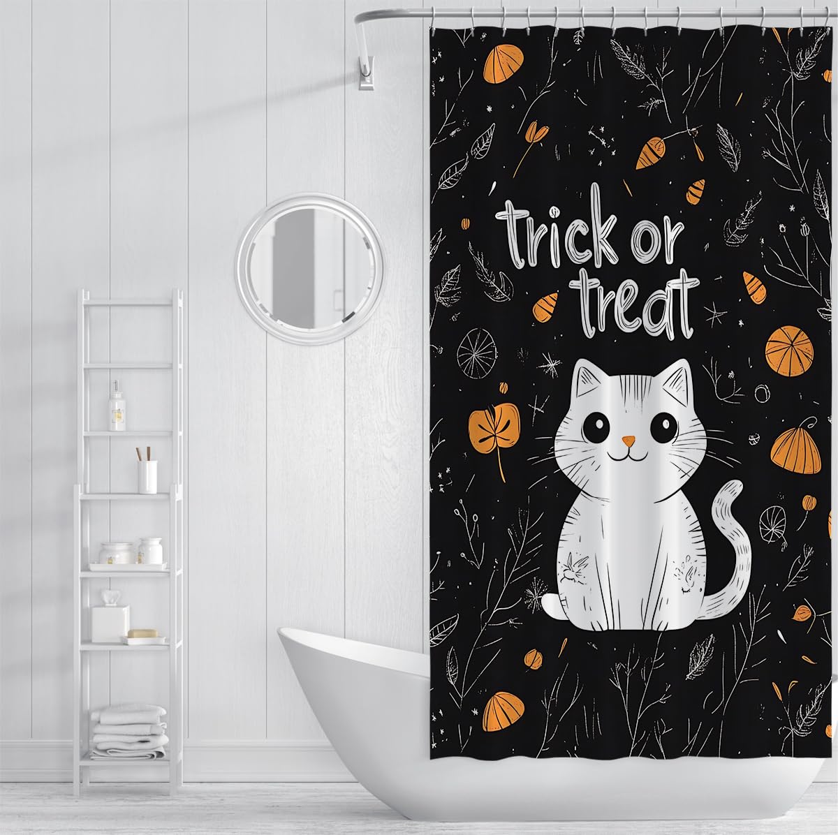 Halloweenowa zasłona prysznicowa śliczna biała zasłona do kąpieli dla kota gotycki styl wodoodporna tkanina dekoracyjna zasłona łazienkowa z haczykami 150 x 200 cm