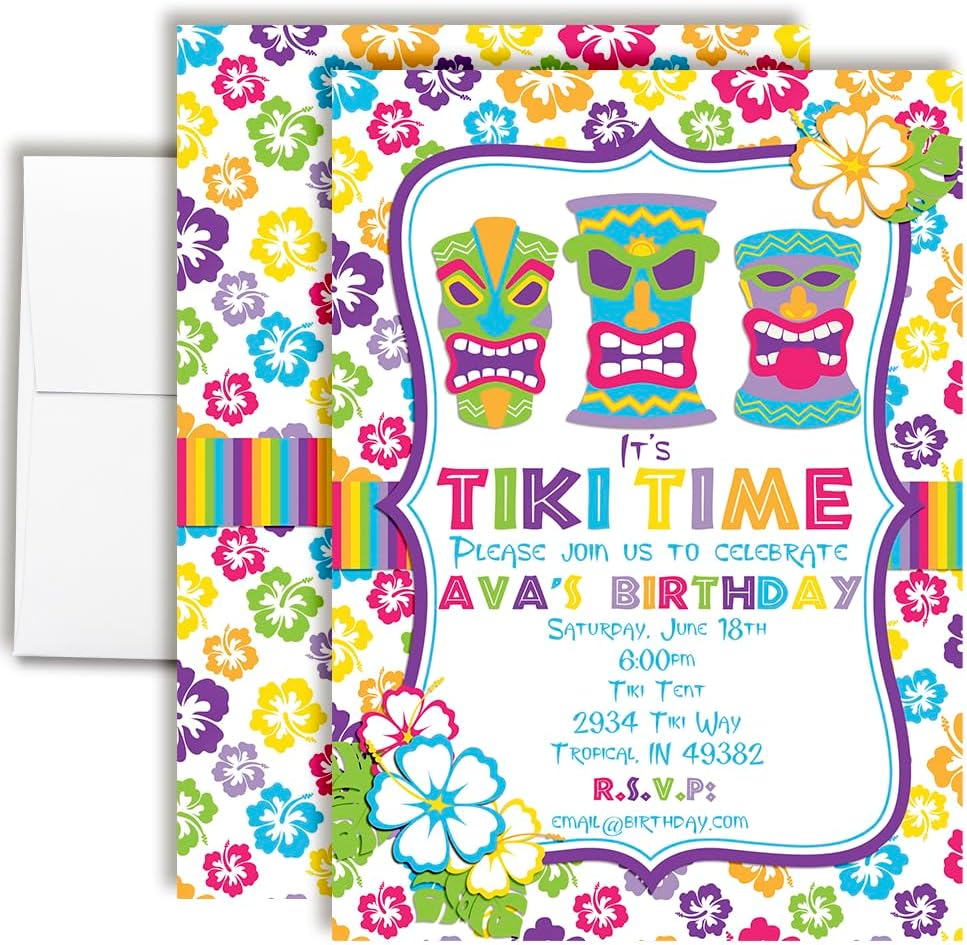 Custom Birthday Invitations Tiki Time Birthday Invites for Girls Pack of 20 5x7 Custom Tiki Luau Party Invitation Cards With Envelopes - Unique Tropical Luau Party Invites