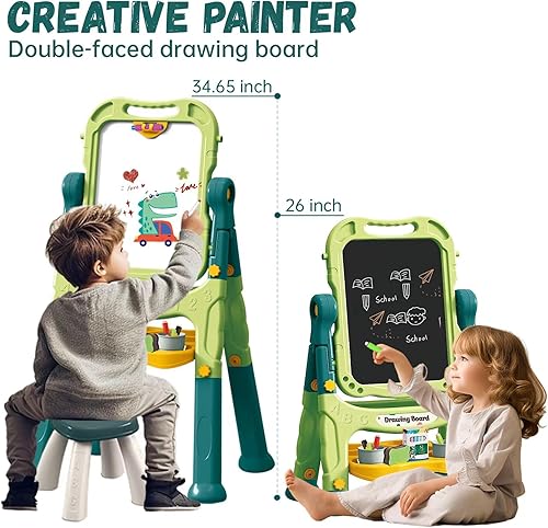 Miniatura 3 de Caballete de arte para niños con tablero de dibujo magnético, caballete de doble cara con letras y números magnéticos, caballete de pie ajustable