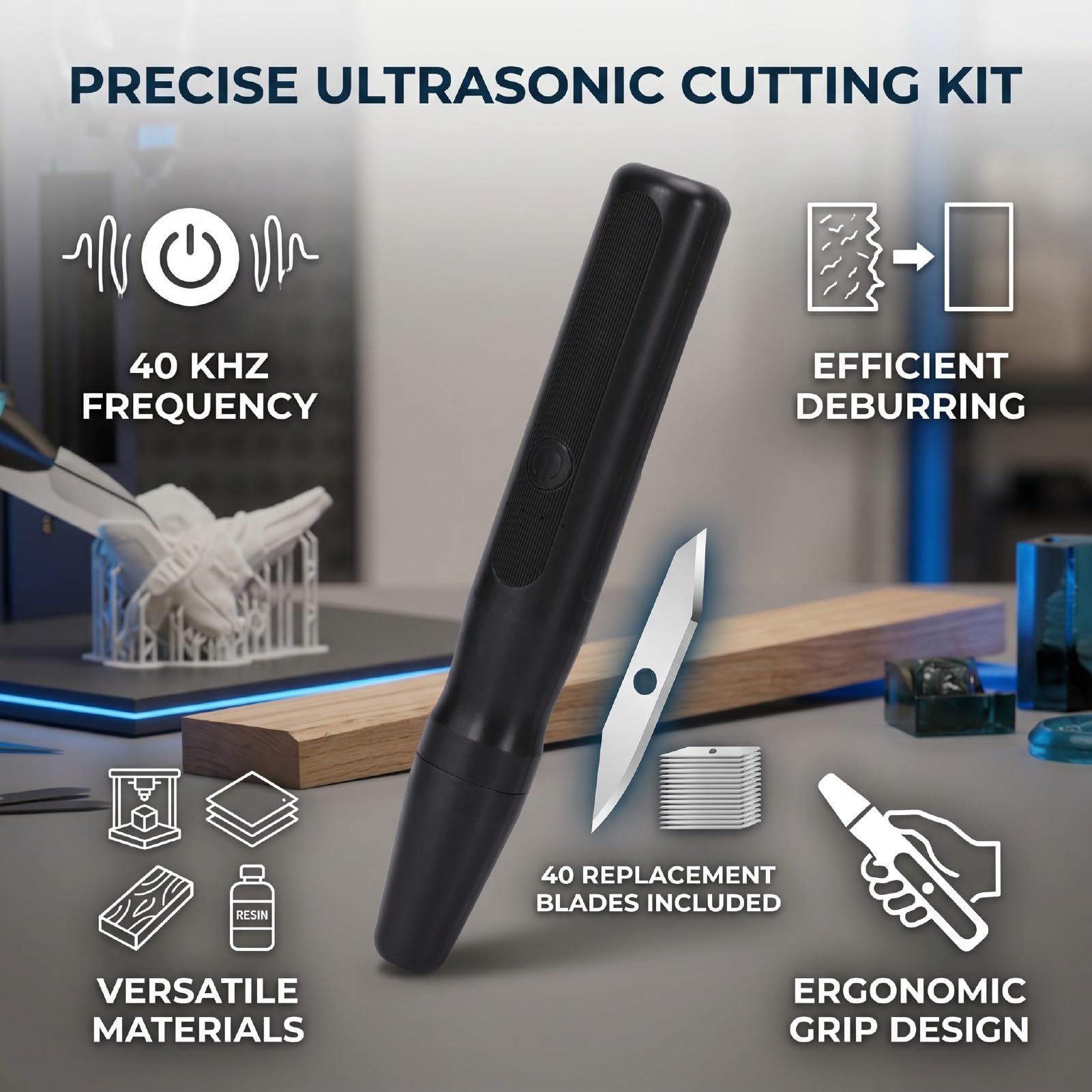 Generic Strumento Portatile Professionale per Taglierina a Ultrasuoni da 40 KHz per Lavori di Stampa 3D Precisi con 40 Lame di Ricambio e Design Ergonomico (Spina europea)