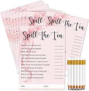 100 Pcs Spill The Tea Bridal Shower Game with Pencils Pink Bow | Who Knows The Bride Best Cards and White Sharpened Pencils with Erasers for 50 People Bridal Shower Wedding Birthday