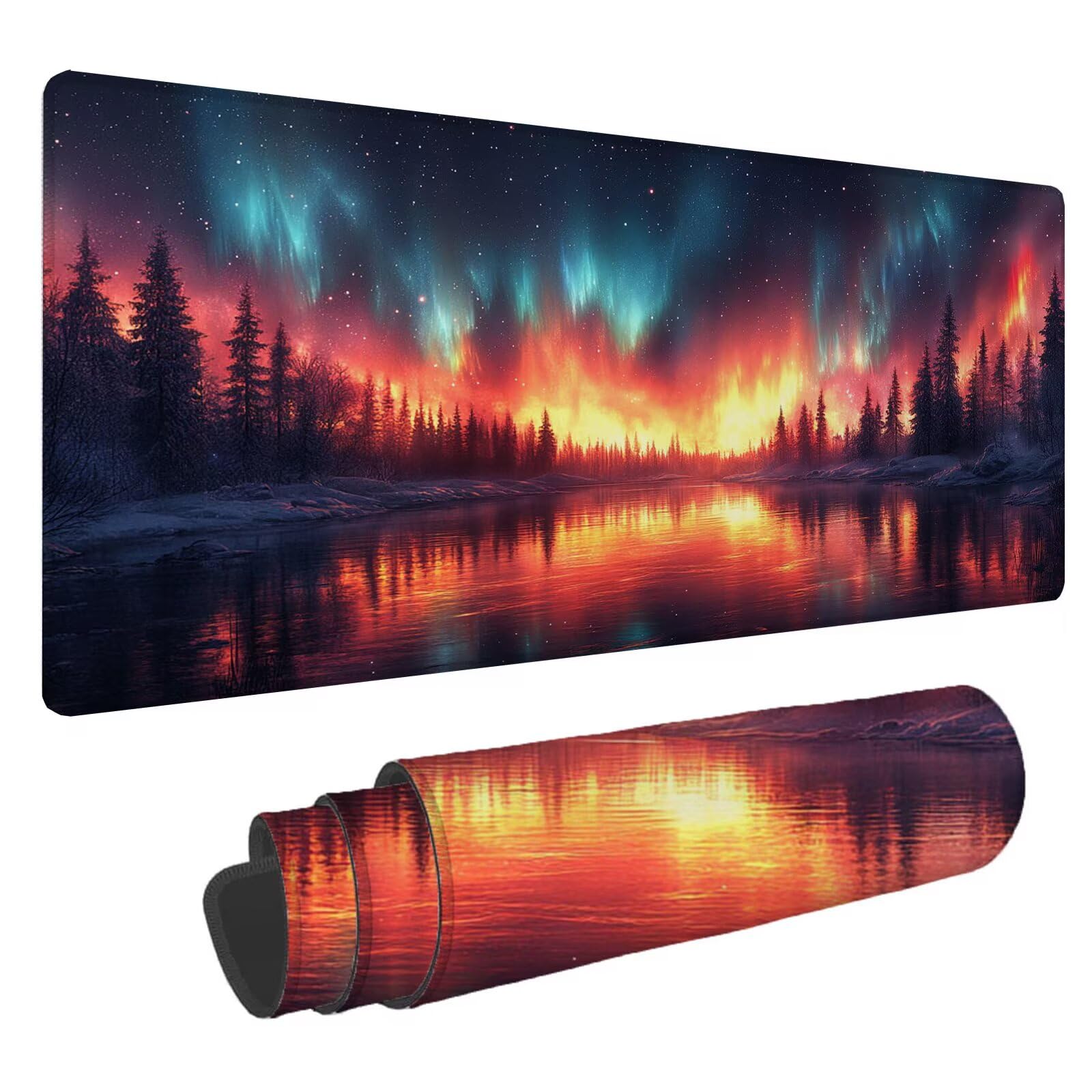 Zorza polarna podkładka pod mysz XXL Leśna podkładka pod mysz 1600 x 800 x 4 mm Podkładka pod mysz do gier, duża wodoodporna antypoślizgowa podkładka na biurko, podkładka pod mysz szyte krawędzie dla