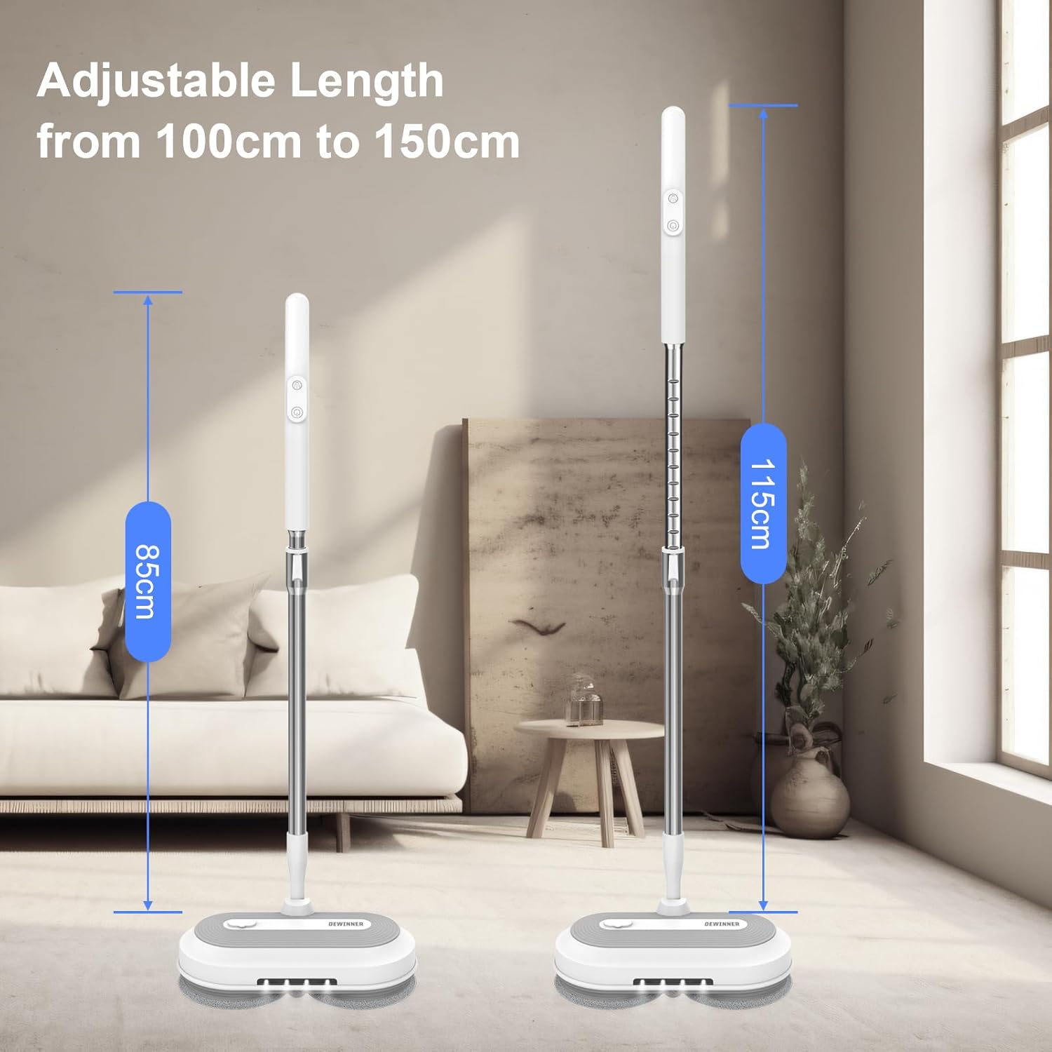 Image illustrating how to fill the 300ML water tank of the DEWINNER Cordless Electric Mop using a funnel and measuring cup.