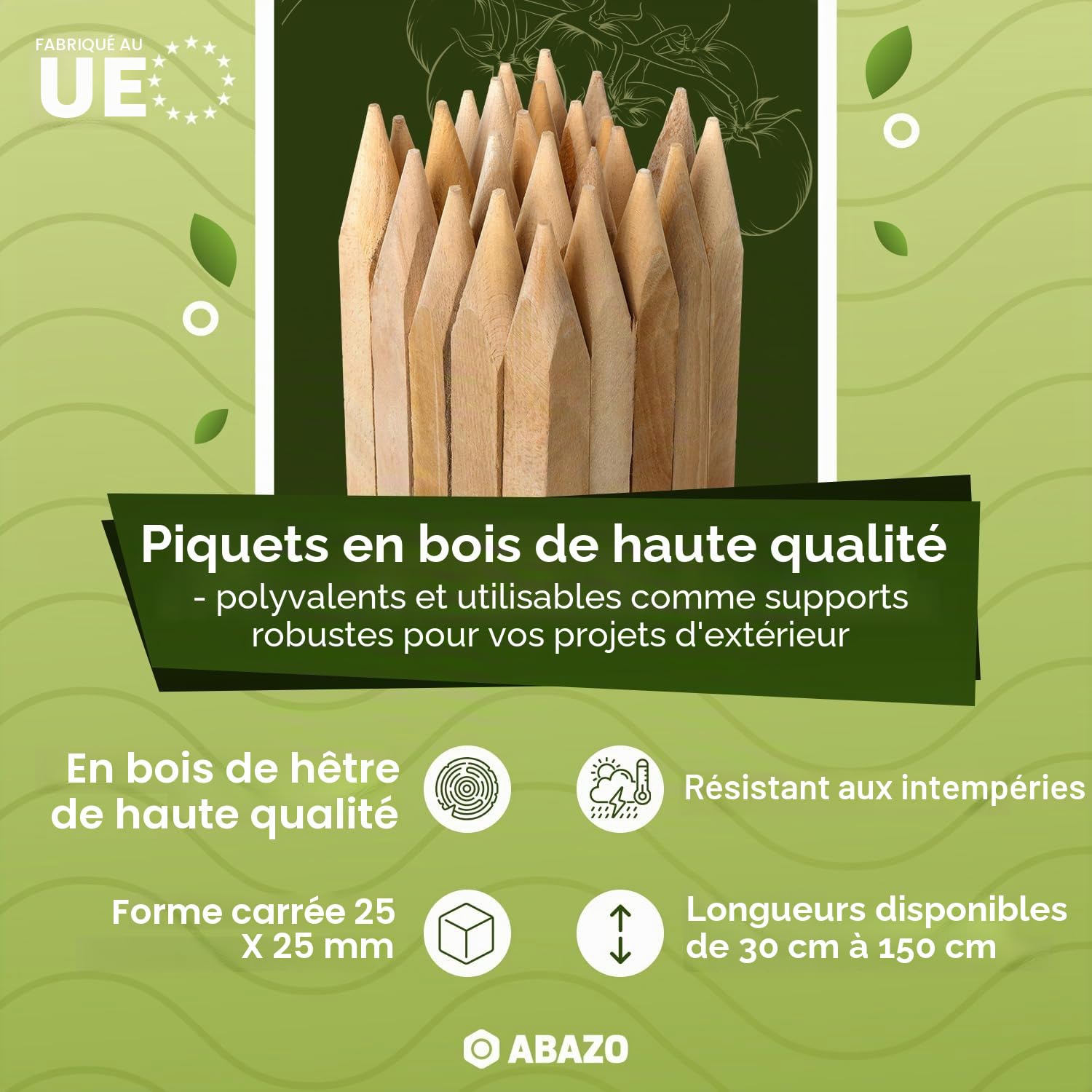tiges en bois de hêtre, poteaux en bois - Support pour plantes idéal pour les poteaux de clôture, travaux de jardinage et DIY - Tiges de plantation robustes - Piquets en bois de 25 mm de