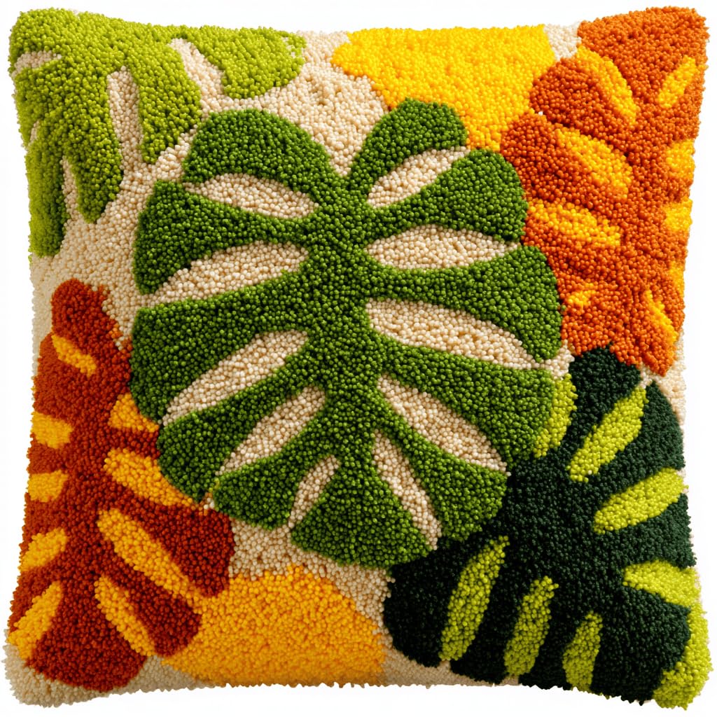 Taxpy Multicolor Diy Latch Hook Pillow Kit,Leaf Pillowcase Kits Embroidery Kits 17X17 Inch Diy Needlework Pillow Cover Sofa Cushion Rug Making