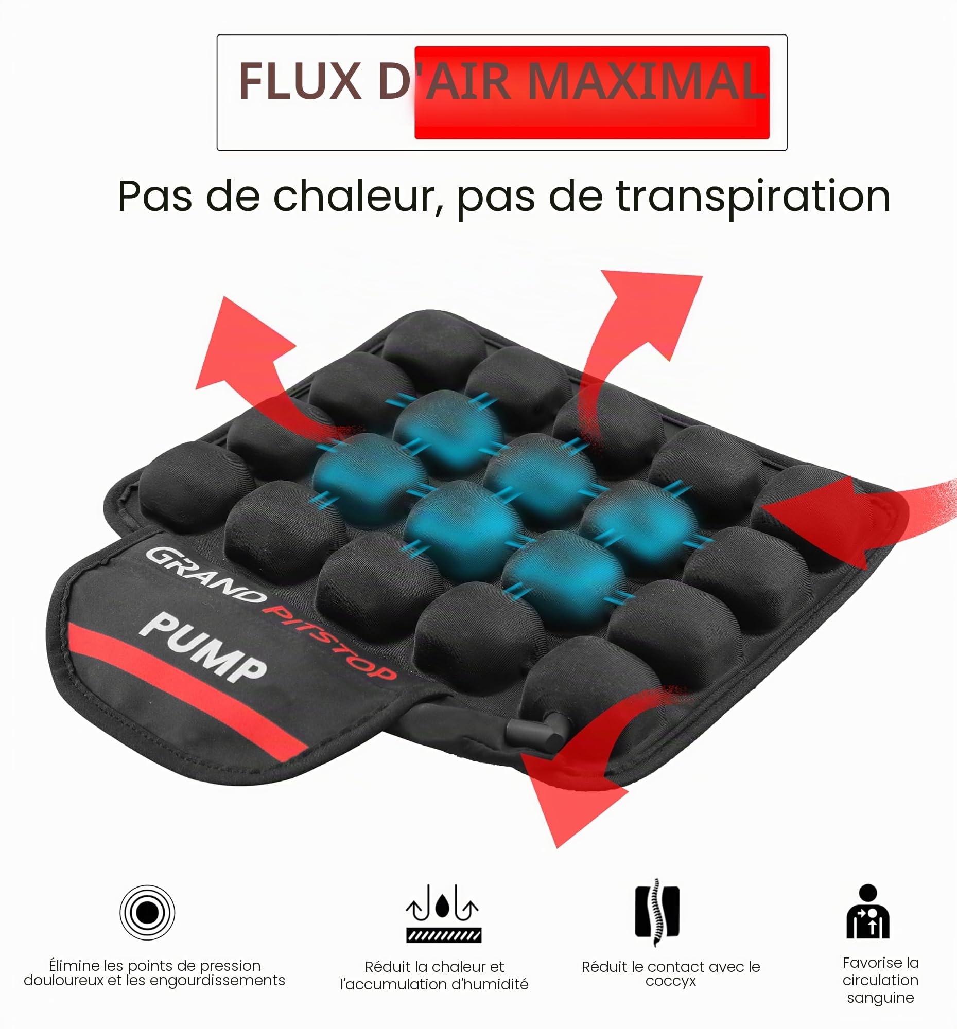 GRAND PITSTOP Coussin de siège gonflable de moto avec pompe de remplissage d'air, coussins d'air gonflables à bulles avec housse en maille respirante et fond antidérapant, compatible avec siège