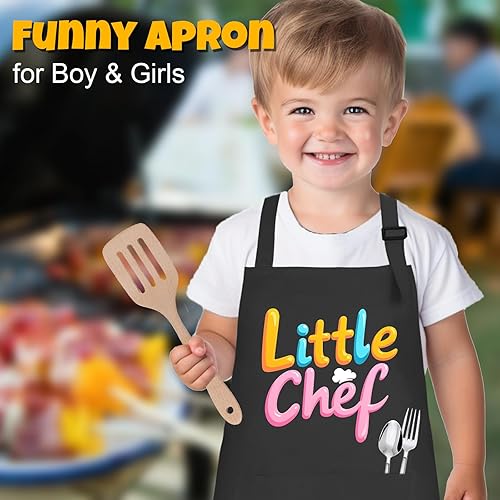 Miniatura 4 de Juego de delantal de chef para niños, delantal de cocina ajustable con 2 bolsillos, negro, para niños y niñas de 3 a 8 años