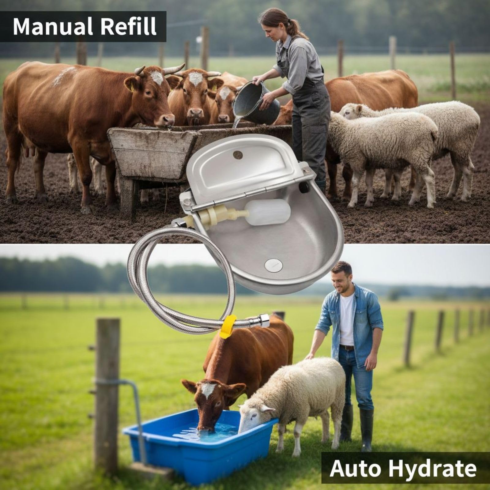 Bebedero para animales de granja, acero inoxidable 304, recarga automática con bola flotante, nivel de agua ajustable, para ganado, caballo, oveja, cabra, perro, 27 x 18,5 cm