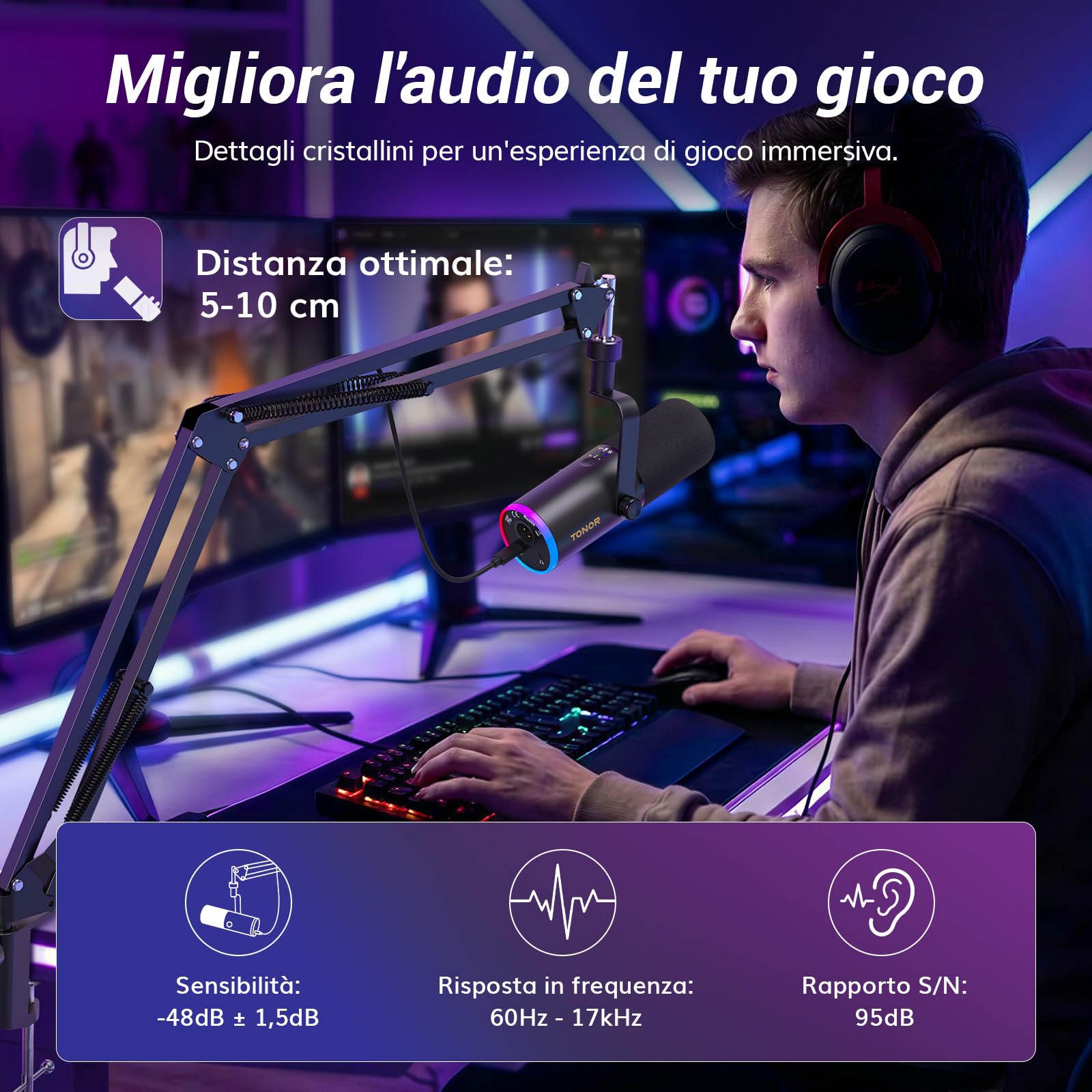 TONOR Microfono Gaming Dinamico per PC, Microfono Cardioide Streaming XLR/USB con Braccio per Podcasting/Studio, Cancellazione Rumore IA, RGB Controllabile, Jack Cuffie 3,5 mm, Nero, TD510 AIR H+ - 4