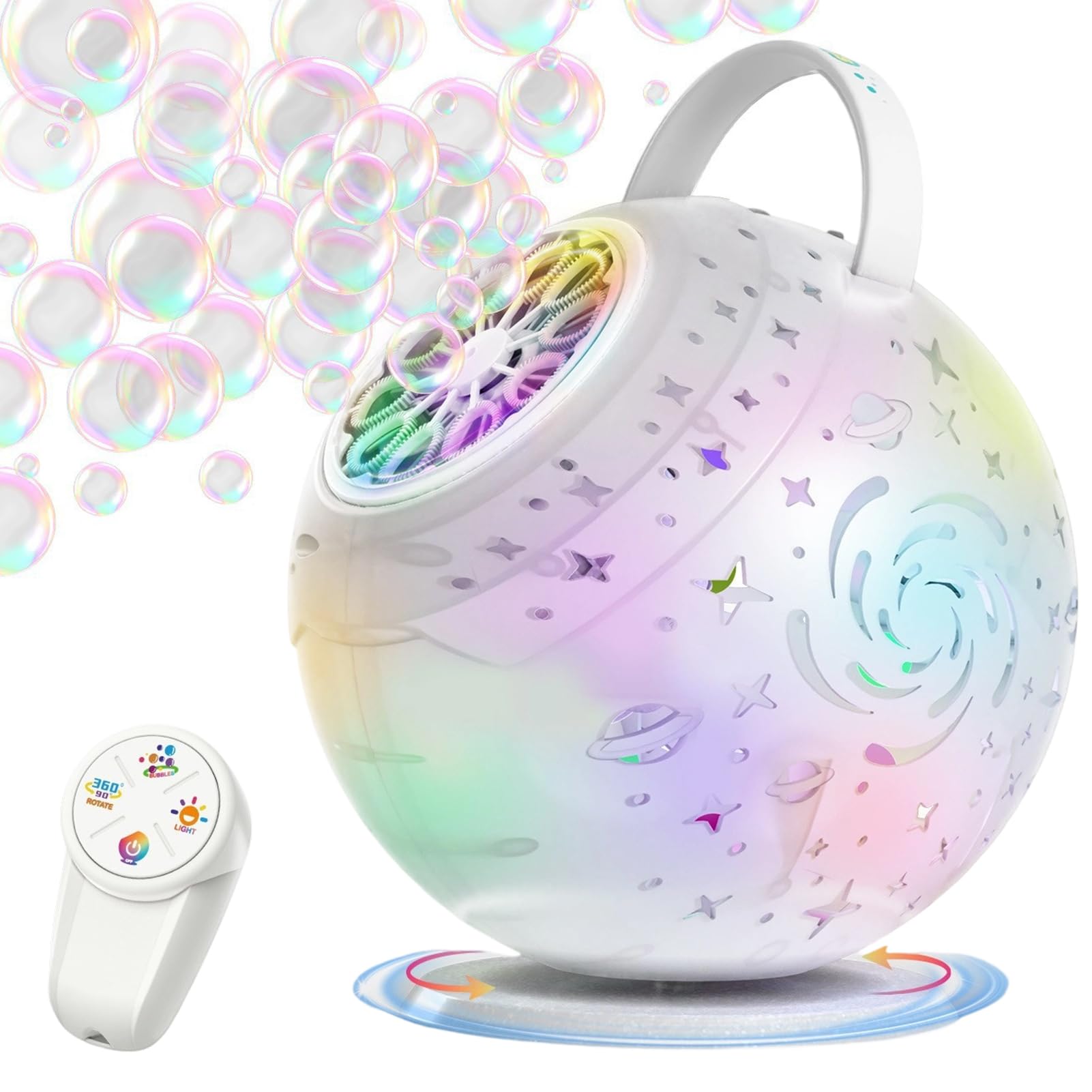 Seifenblasenmaschine 360 Grad automatisch rotierend mit Licht | 10-Loch Bubble Maker für Kinder für Hochzeit, Geburtstag, Garten, drinnen und draußen, Kinder