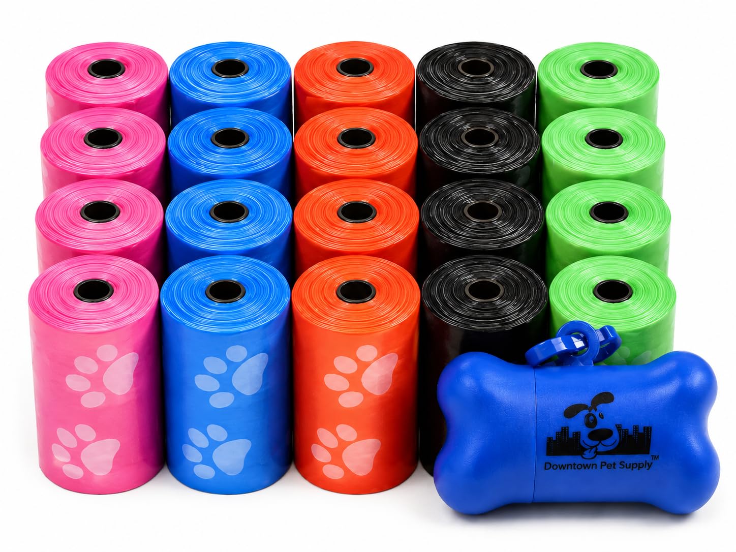 500 Haustierkotbeutel, Hundekotbeutel, Großpackung Kotbeutel mit Leinenclip und Knochenbeutel-Spender - (500 Beutel, Regenbogen mit Pfotenabdruck)