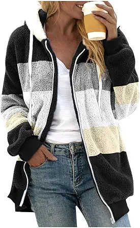 Fuzzy Fleece Jackets for Women Plus Size Hoodies Fall Winter Coats Color Block Patchwork Cardigan Coat with Pockets