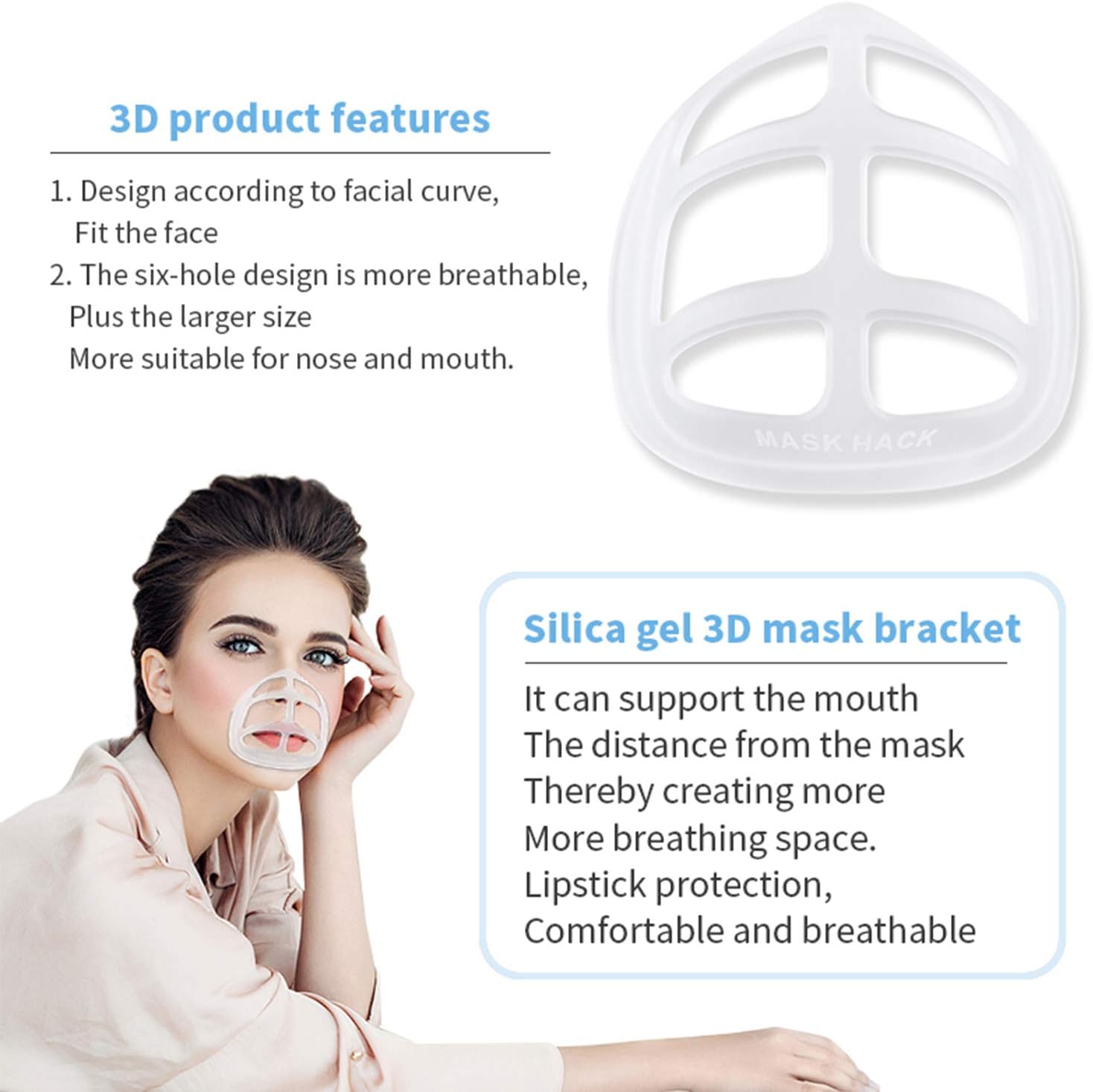 3D Mask Bracket - Mask Insert for Cloth Mask - Face Bracket-Frame Accessories - Lipstick Protection Stand - Enhance Breathing Space can be Washed and Reused 5 Pack