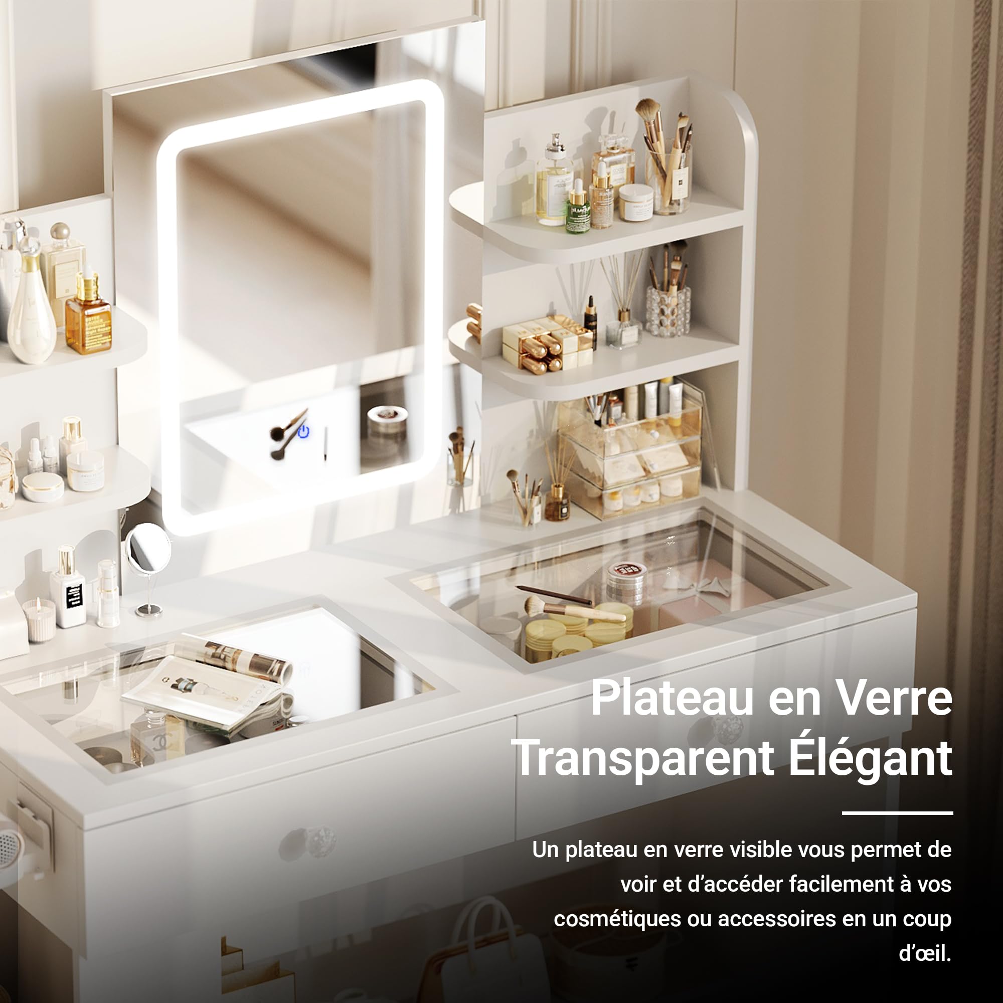 Claiks Coiffeuse avec Miroir éclairé par LED, 90 x 40 x 125 cm, Luminosité Réglable et 3 Couleurs de Lumière, Coiffeuse avec Plateau en Verre Transparent, 2 Tiroirs et 4 étagères de Rangement, Blanc