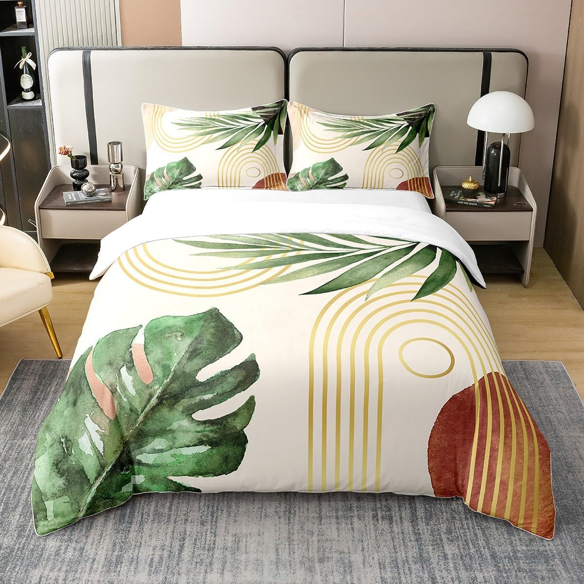 Erosebridal Palm Leaves 100% Natural Cotton Duvet Cover Queen Size Tropical Botanical Plants Comforter Cover for Kids Teens Golden Geometric Stripes Bedding Set Decor Nature Summer Theme Bed Set
