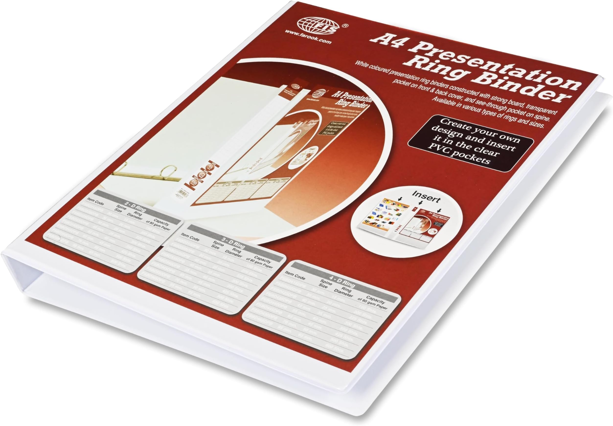 FIS® Presentation Binder, A4 Size(210x297mm), 4[D]Ring Type, 40mm Ring Size, 2.25" Inches Spine with Clear PVC Pocket For Easy Insert Your Label Design, 1 Piece, White Color-FSBD440DPB