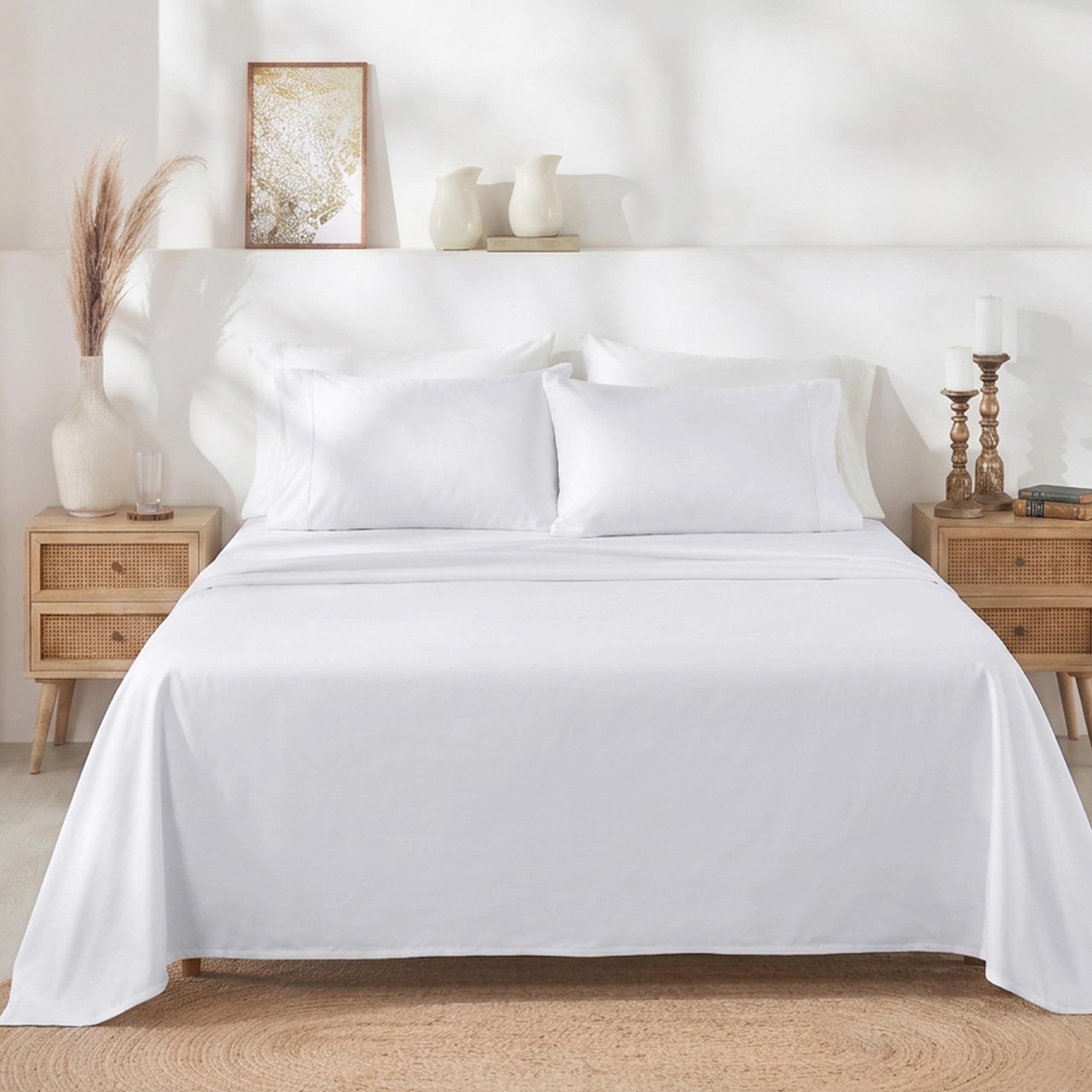 King Size Sheets Set - Soft 400 Thread Count Sateen, Natural 100% Cotton Sheets King Size, Deep Pockets with All Around Elastic for a Snug Fit, Durable Bedding - White