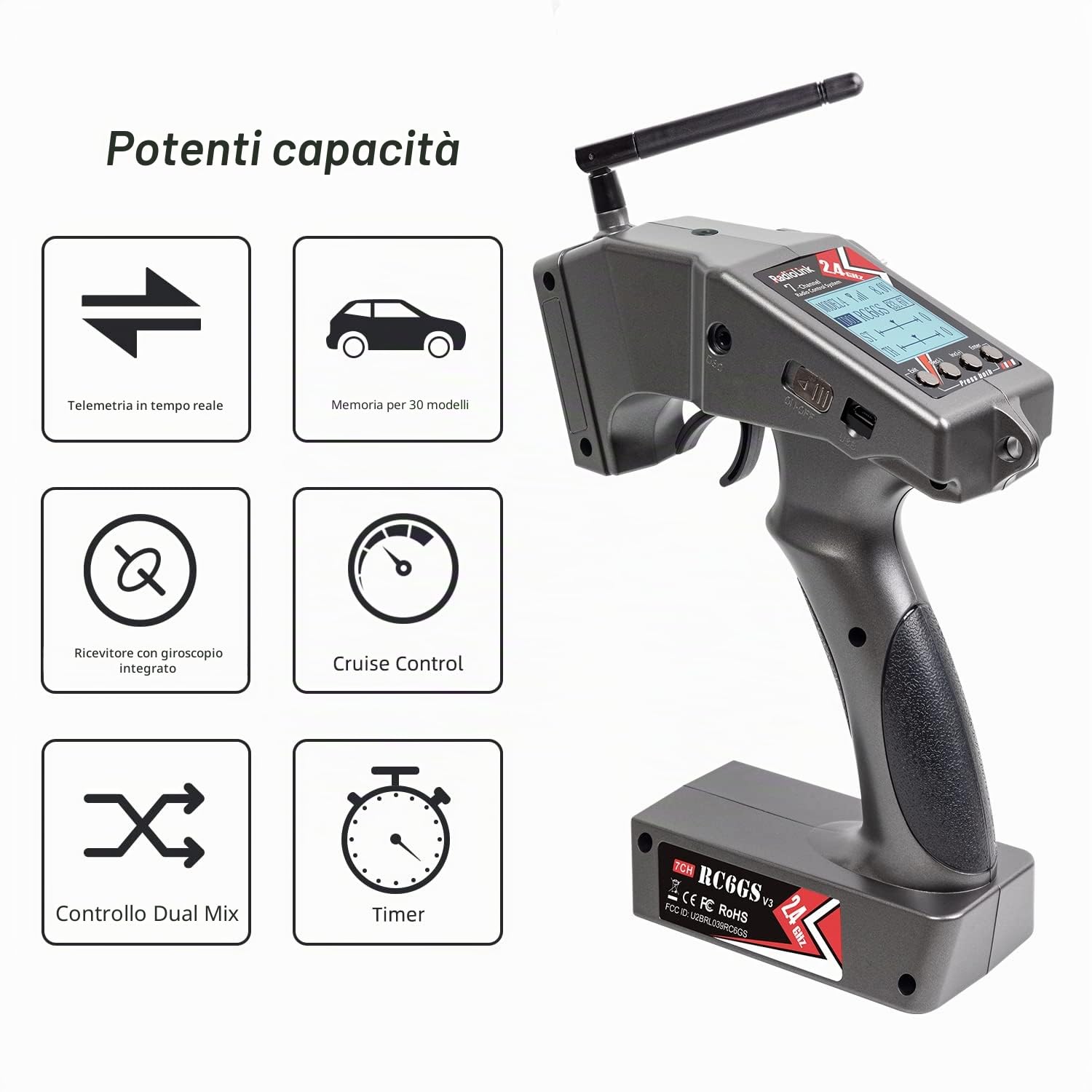 Radiolink RC6GS V3 RC Trasmettitore Radiocomando 7 Canali con Ricevitore Giroscopico R7FG, Telemetria di Tensione, 2,4 GHz per Chenille Buggy Auto Derivante Barca Carro Robot(Solo menu in inglese) | 7 canali 2.4Ghz | Telemetria di tensione