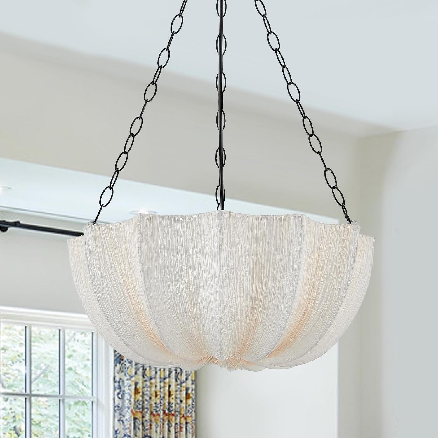 20” Luxurious Silk Pendant Light Contemporary Floral Whtie Fabic Modern Chandelier for Kitchen Island Dining Living Room, UL Listed